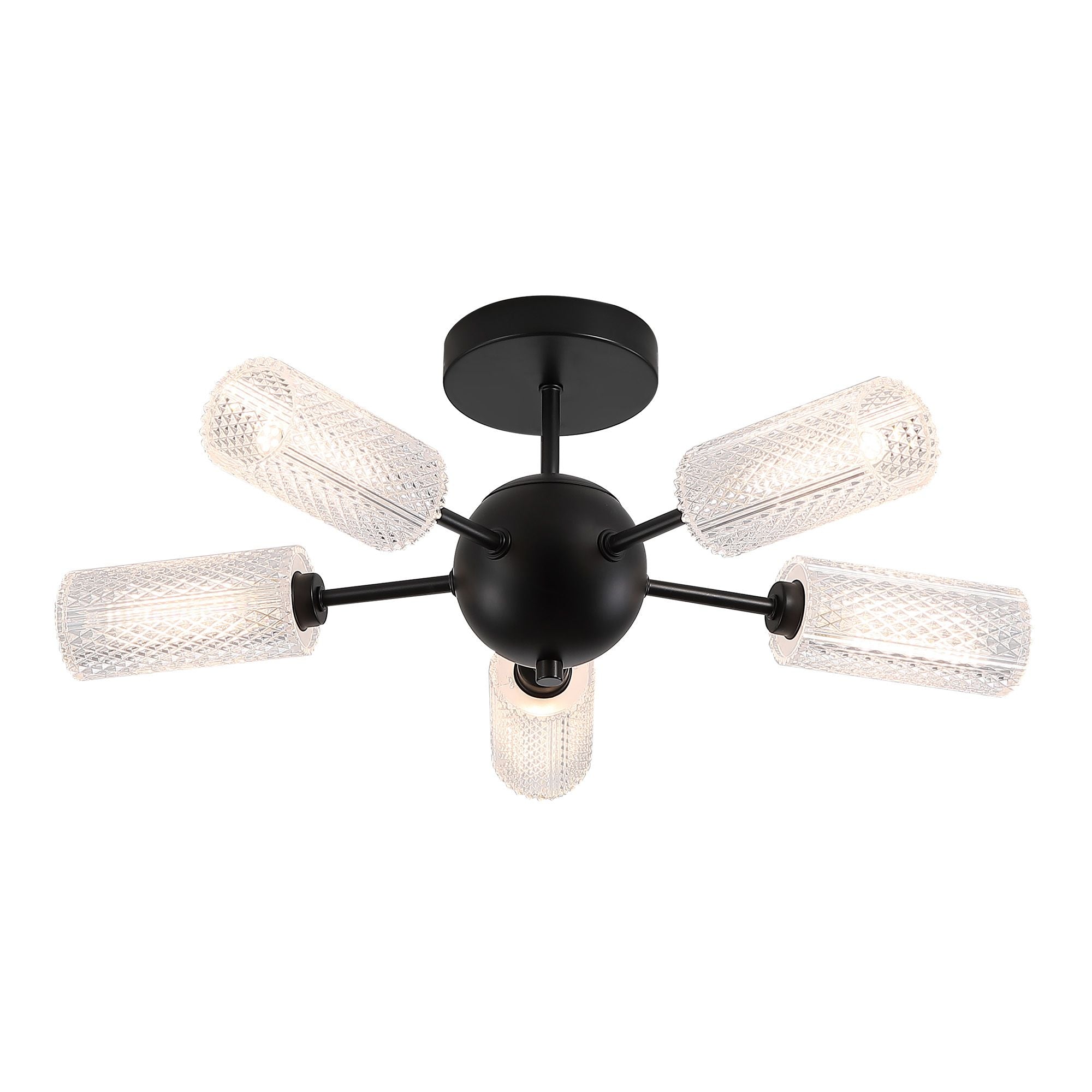 Searchlight Cosmic 5 light semi flush ceiling light in black with five textured acrylic shades, angled studio shot with bulbs lit