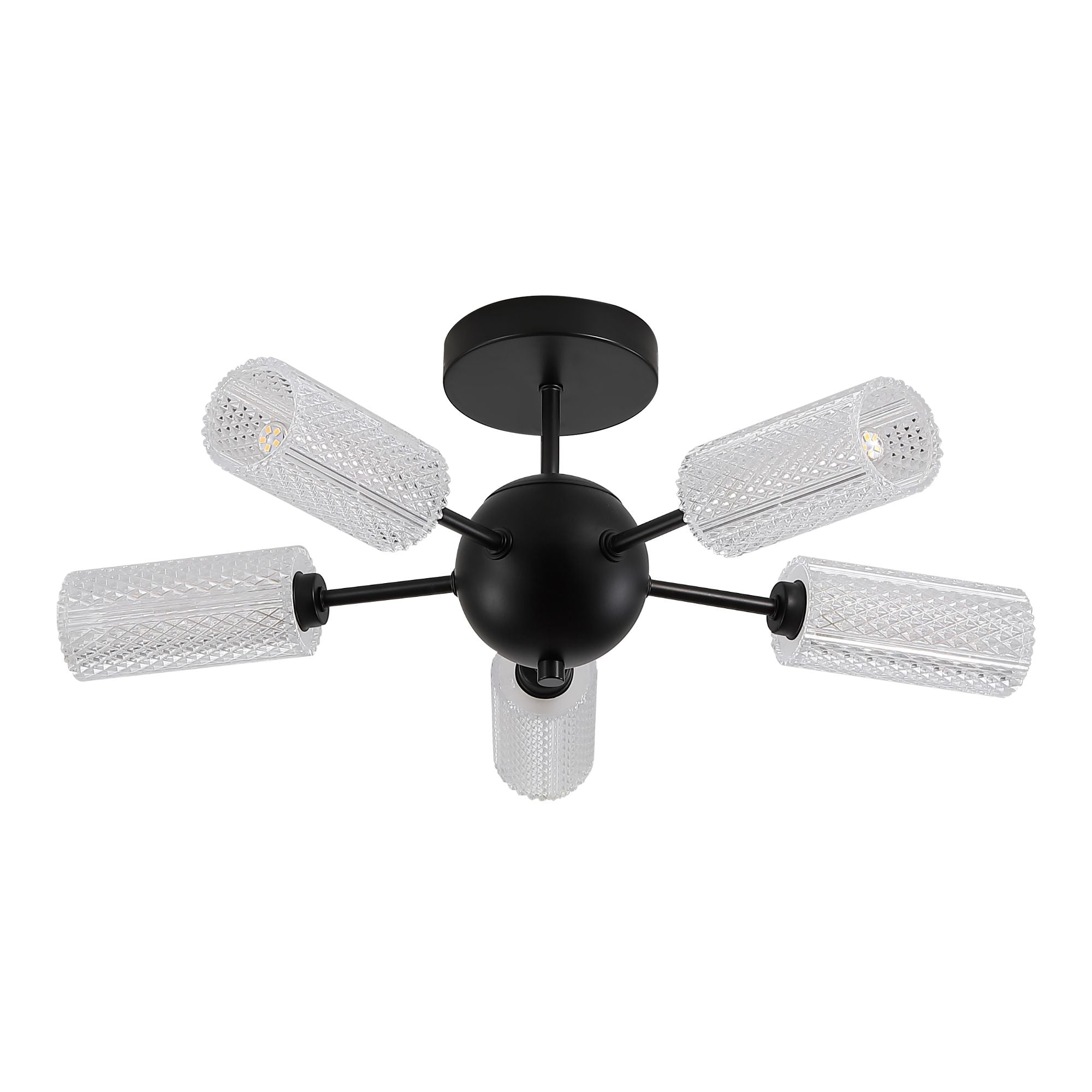 Searchlight Cosmic 5 light semi flush ceiling light in black, alternate angle studio shot showing the five acrylic shades fanned around the central sphere
