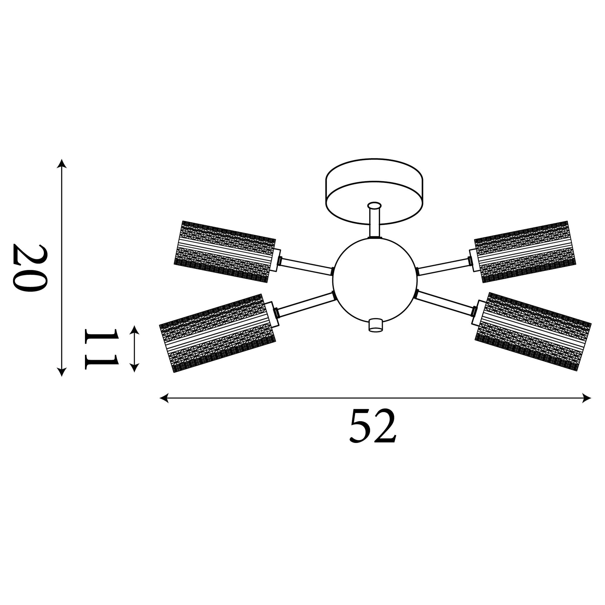 Technical line drawing of the Cosmic 5 light semi flush ceiling light showing its five arm layout and dimensions