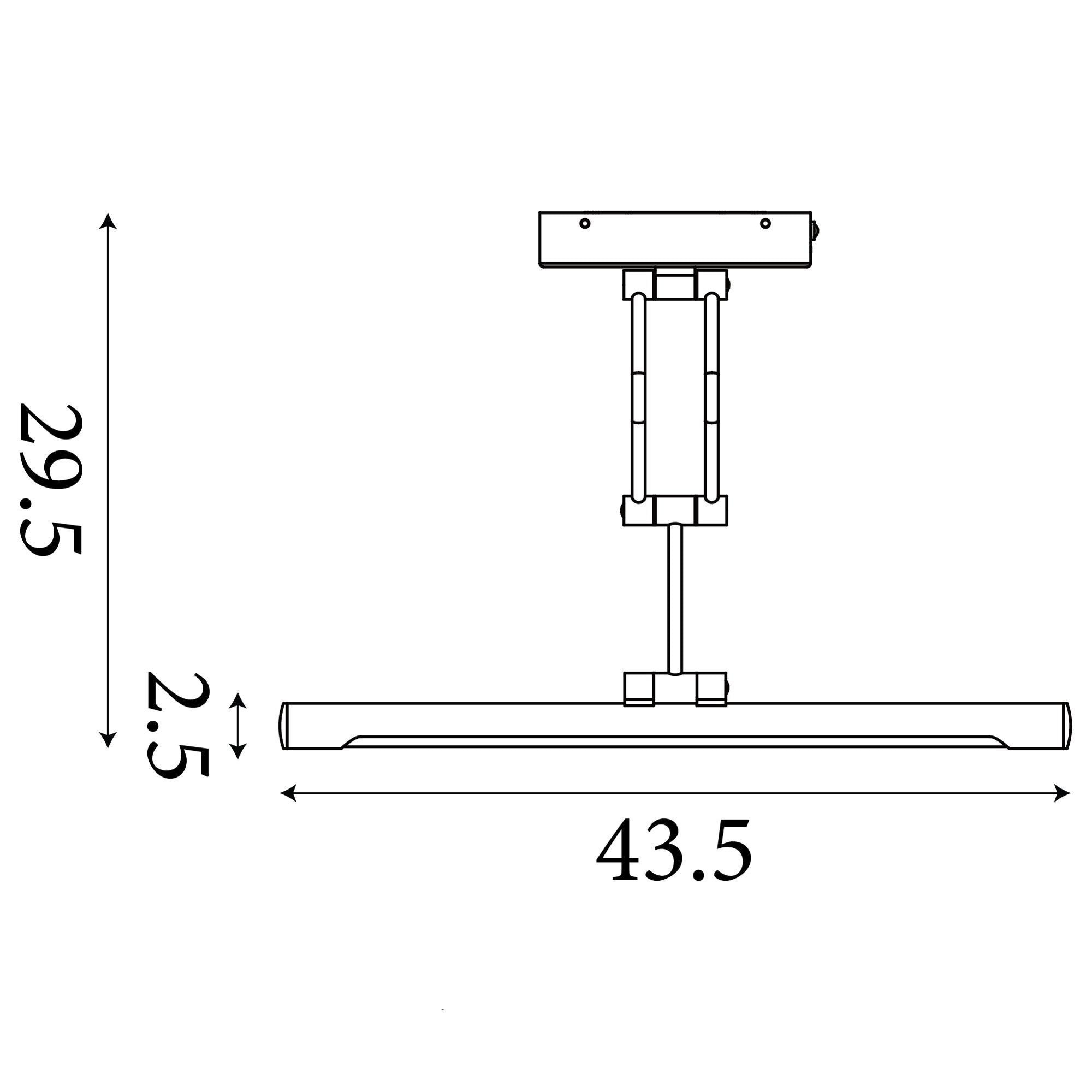 Line drawing of the Herron wall lamp showing its dimensions of 43.5cm wide by 29.5cm drop and a 2.5cm diameter light bar