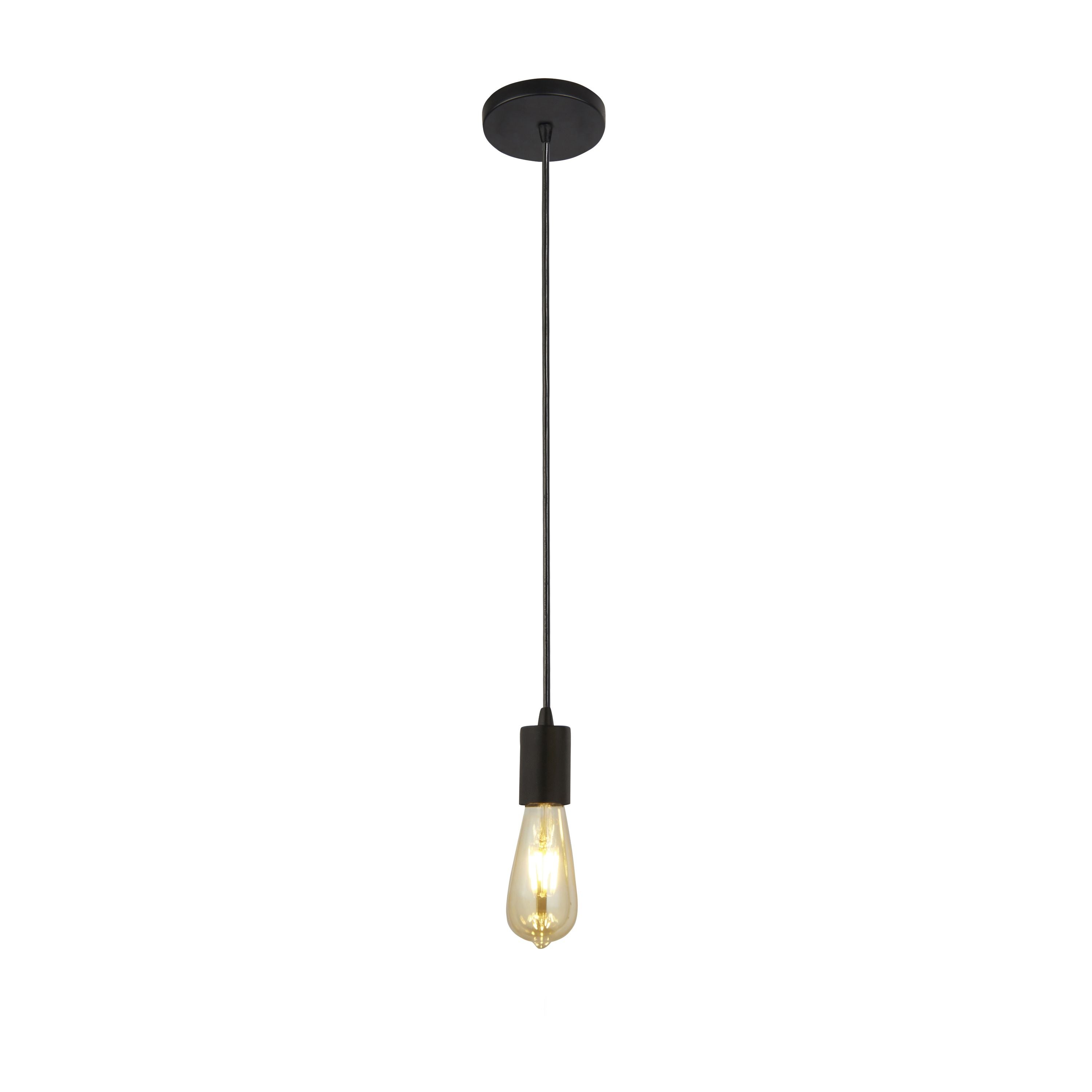 Searchlight Squiggle black pendant, full length studio shot with a lit vintage style teardrop filament bulb on a plain background