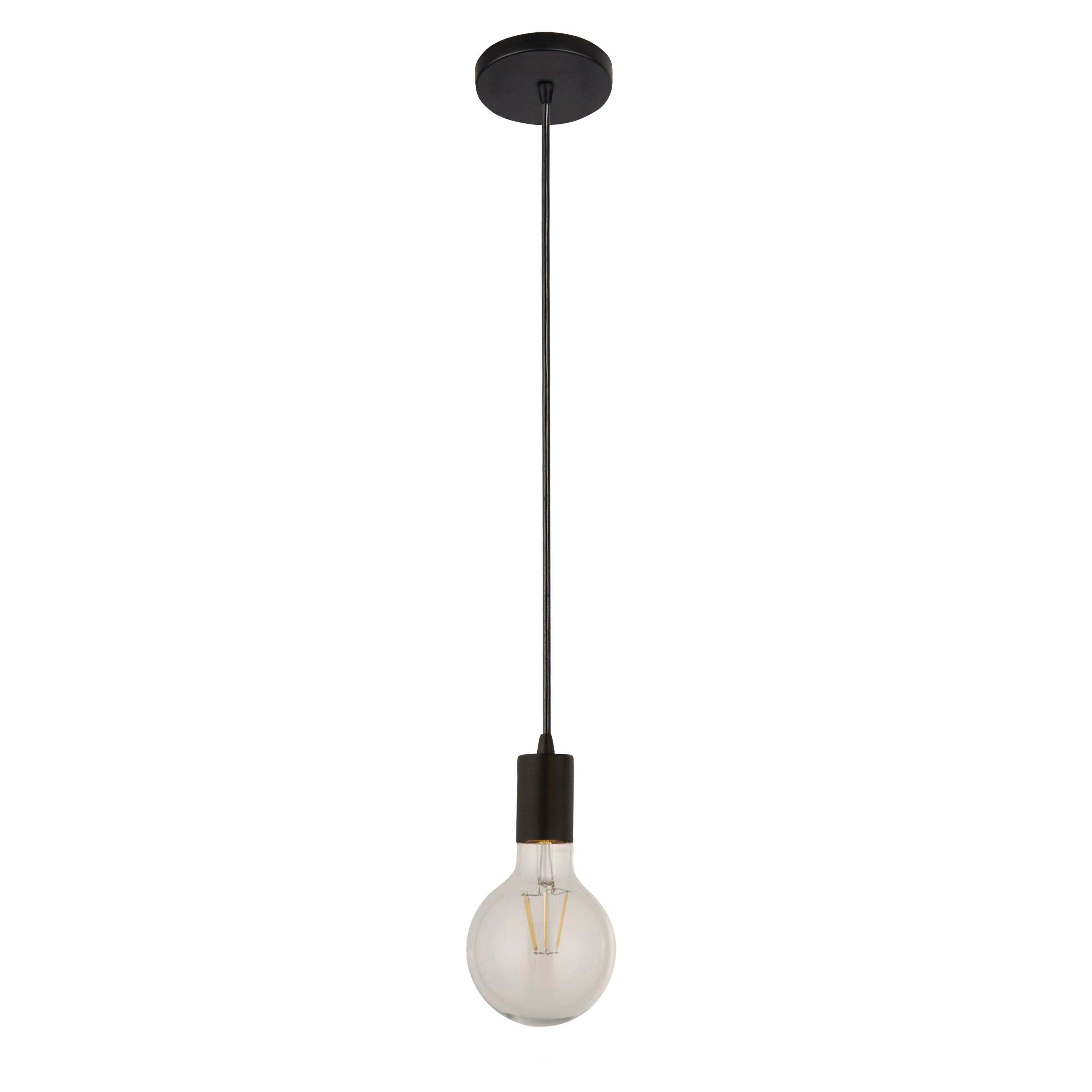 Searchlight Squiggle black pendant, full length studio shot with a lit globe style filament bulb on a plain background