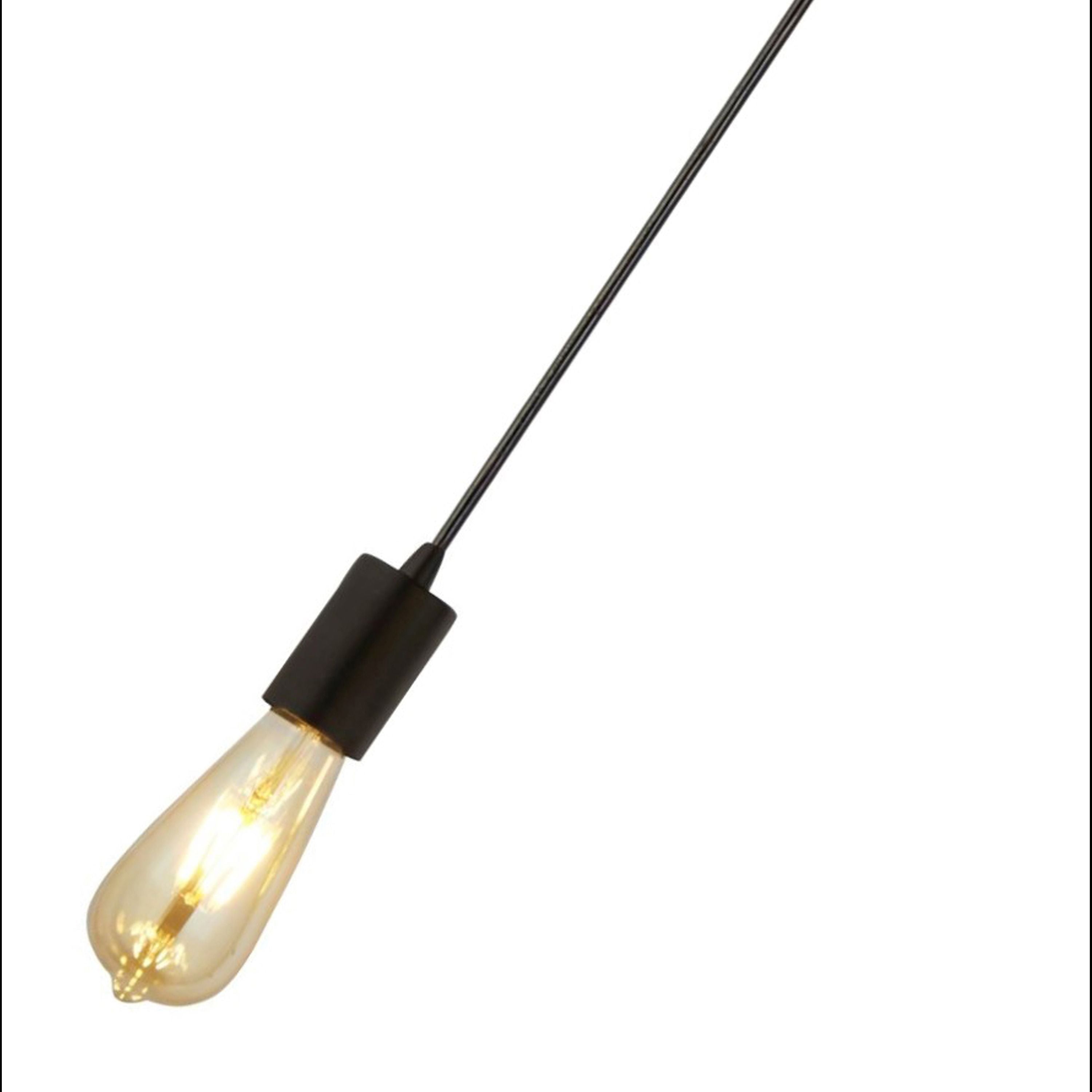 Close up of the Squiggle pendant's matt black bulb holder and cable, with a lit teardrop filament bulb