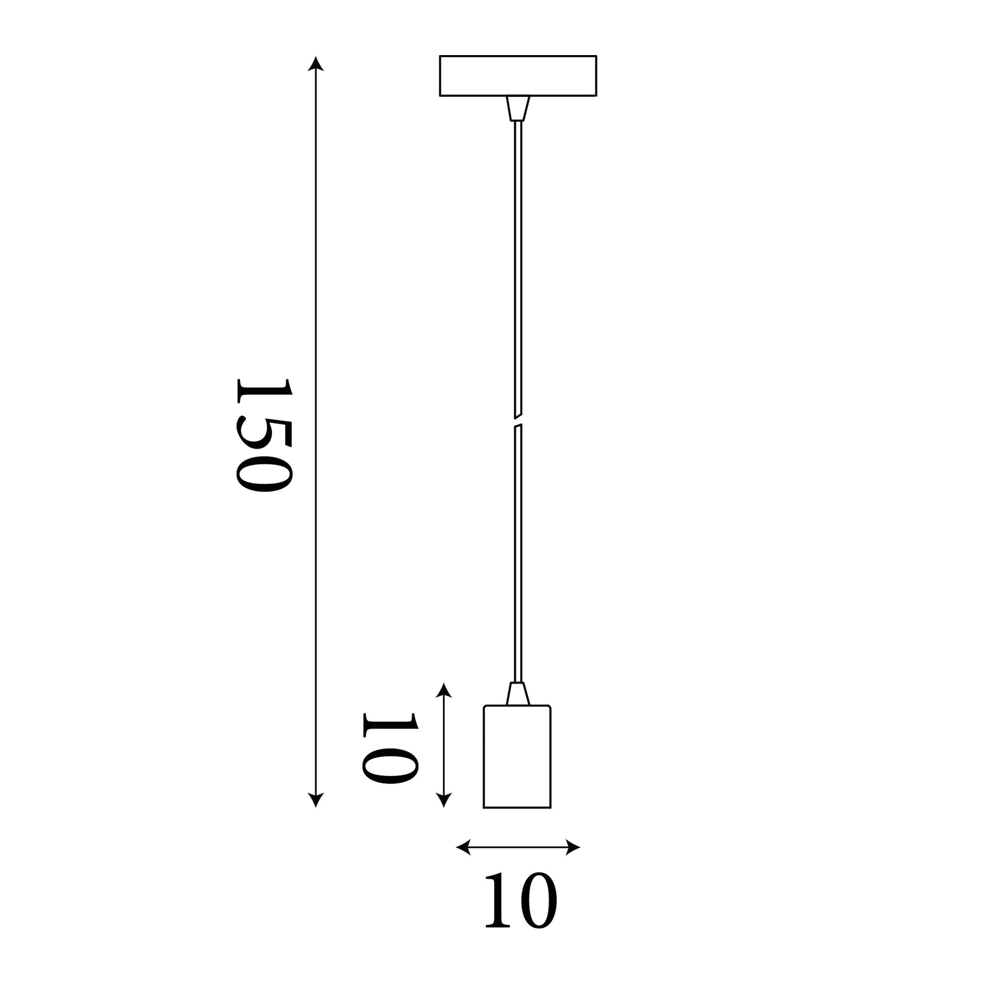 Technical line drawing of the Squiggle pendant showing a 150cm drop and a 10cm wide bulb holder and ceiling rose