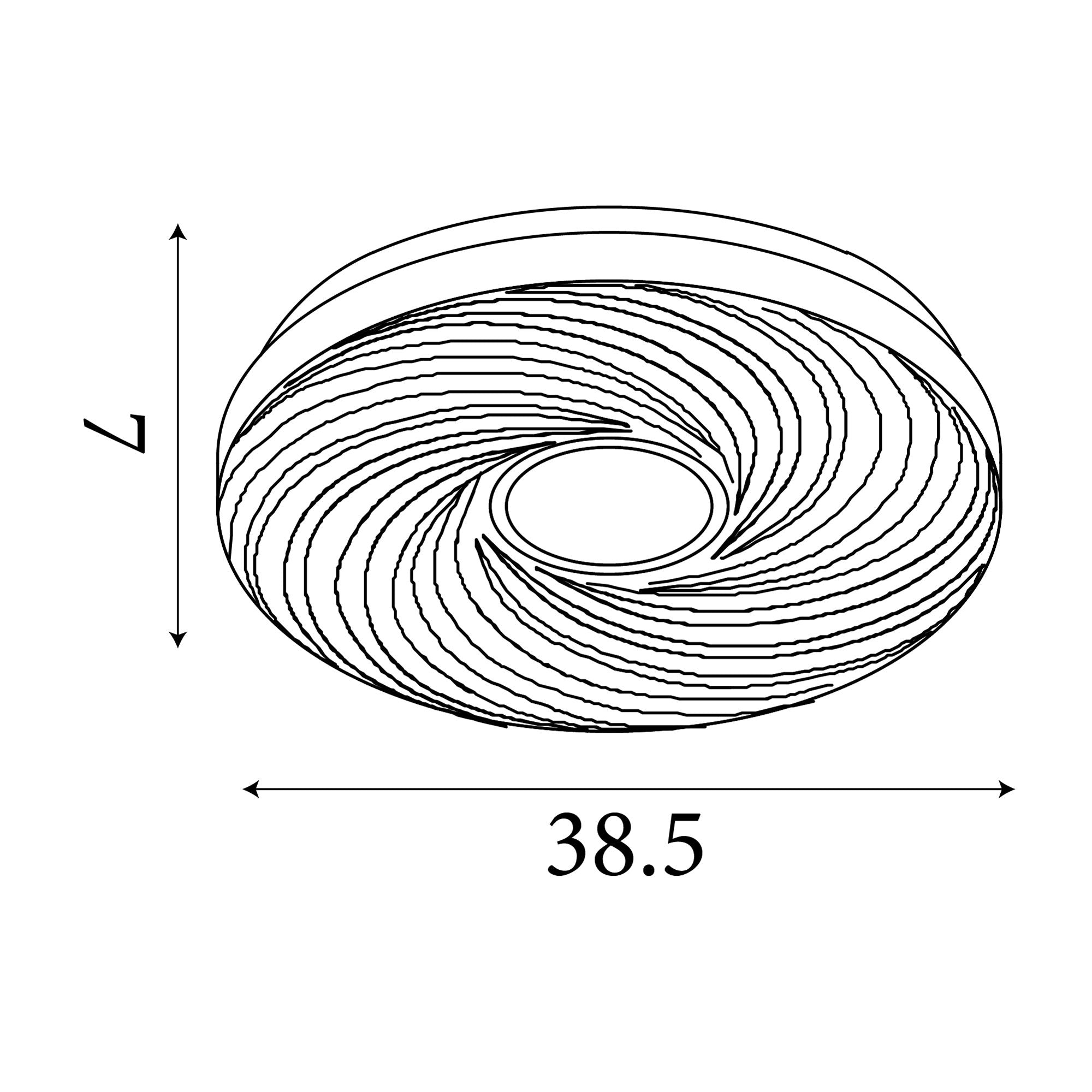 Technical line drawing of the Aura LED flush ceiling light showing a width of 38.5cm