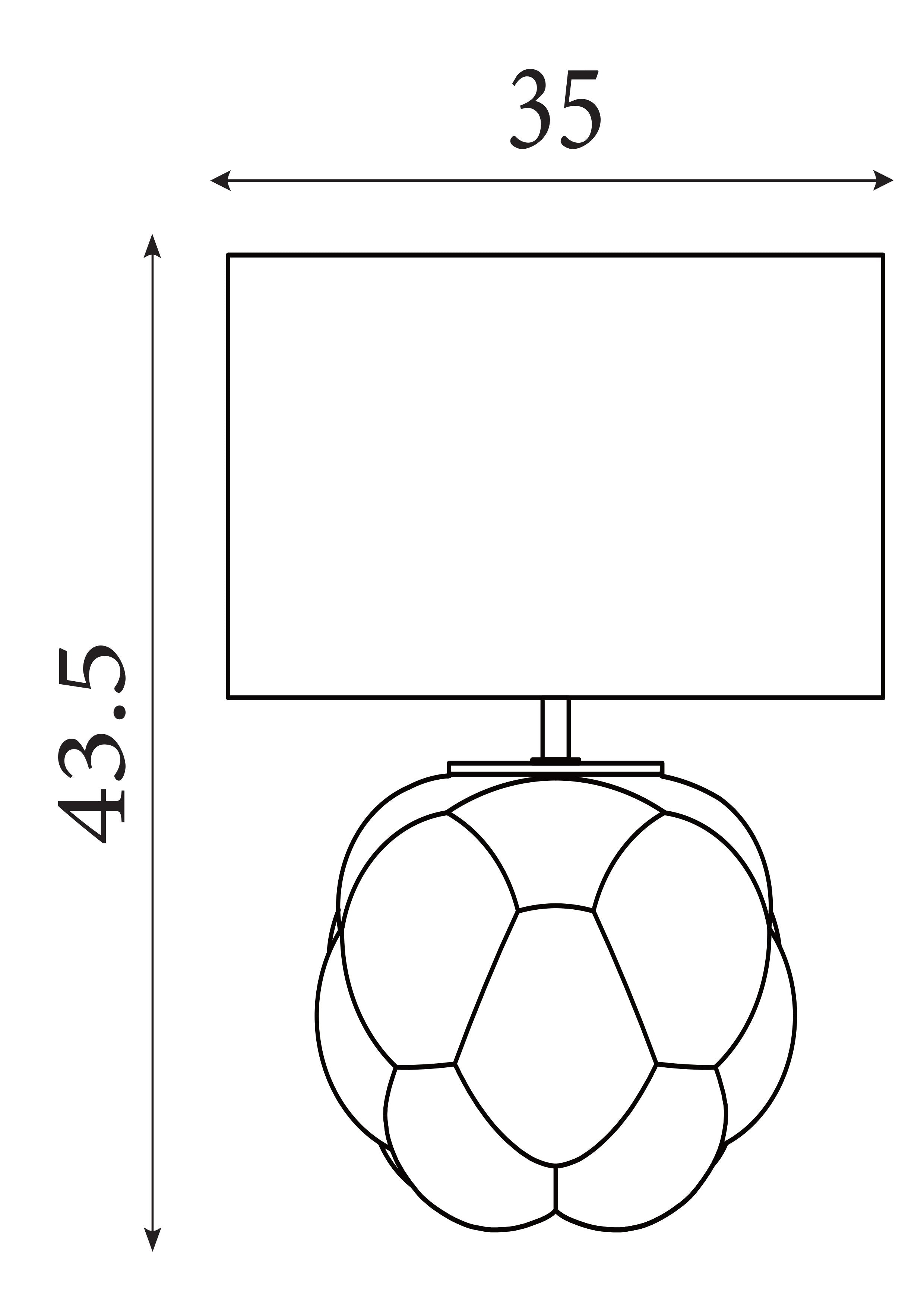 Technical dimension drawing of the Searchlight Fizz table lamp showing a total height of 43.5cm and a base width of 35cm