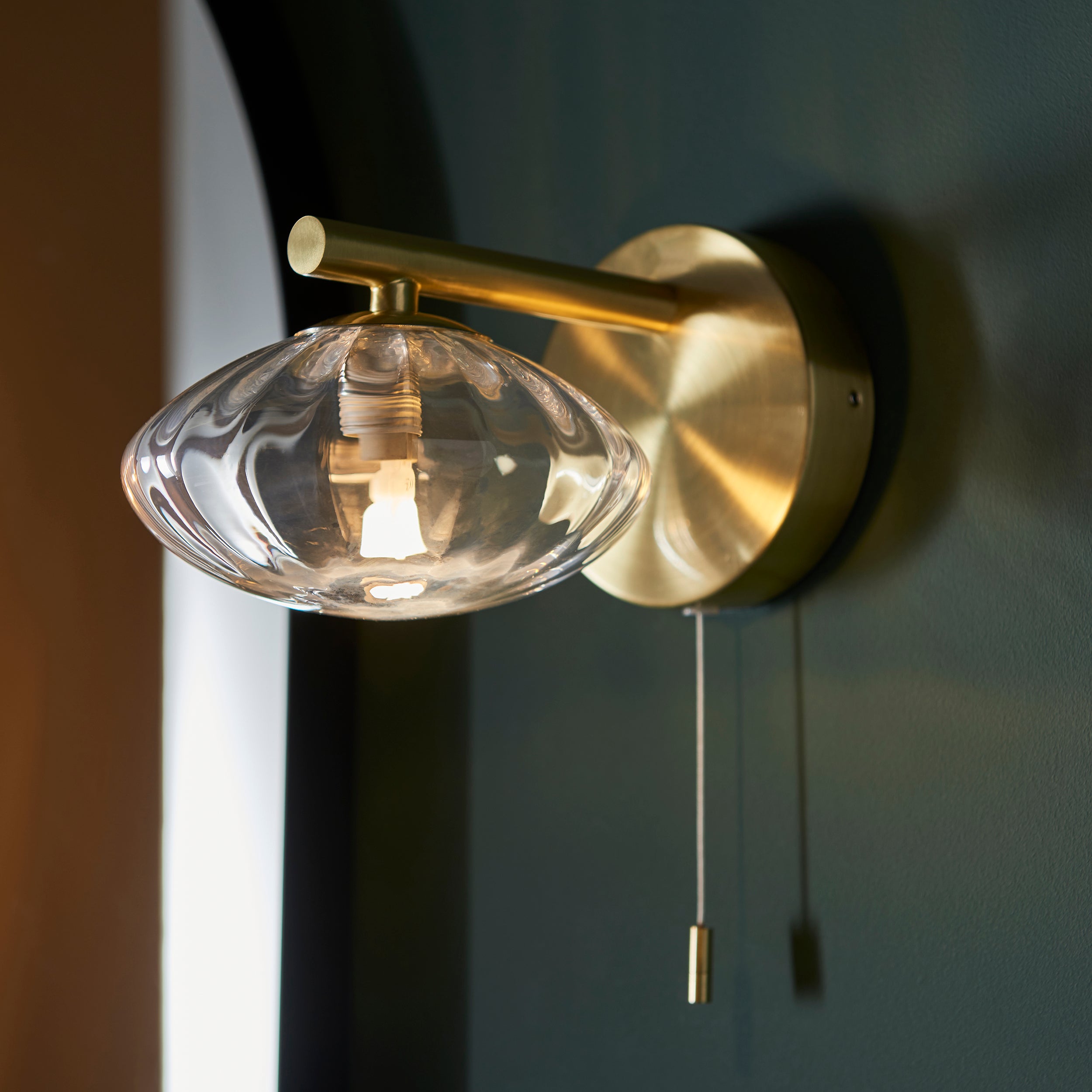 Endon Current Single Wall Light - Brushed Gold & Clear Ribbed Glass