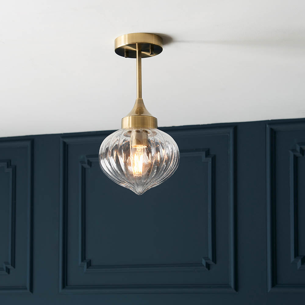 Endon Addington Single Light Semi Flush - Antique Brass Plate & Clear Ribbed Glass