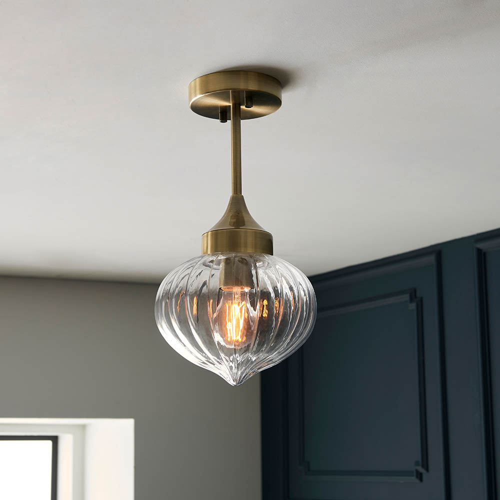 Endon Addington Single Light Semi Flush - Antique Brass Plate & Clear Ribbed Glass