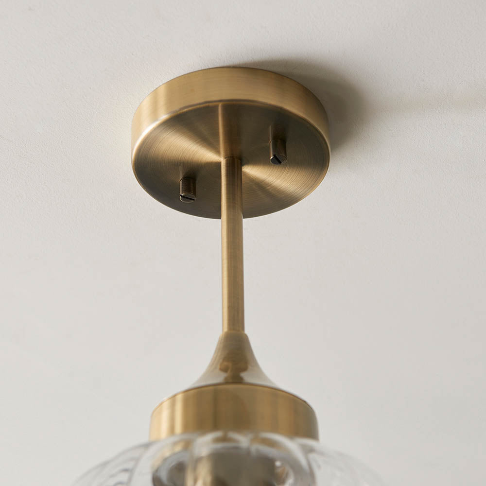 Endon Addington Single Light Semi Flush - Antique Brass Plate & Clear Ribbed Glass