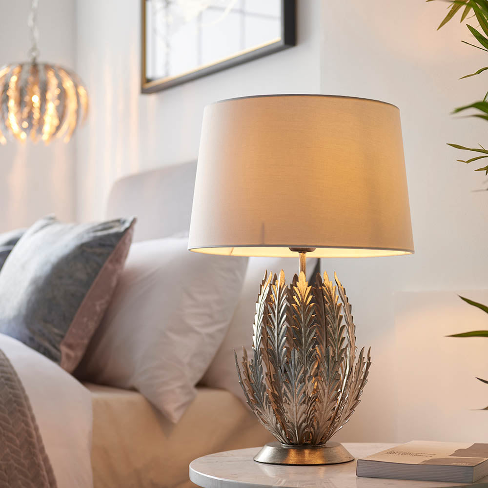 Endon Delphine Single Light Table Lamp - Silver Leaf & Ivory Cotton Fabric