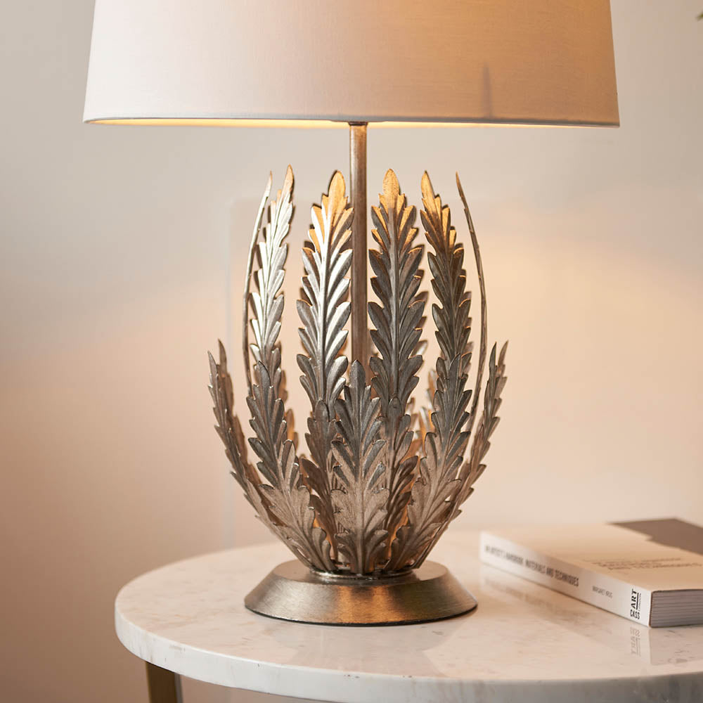 Endon Delphine Single Light Table Lamp - Silver Leaf & Ivory Cotton Fabric