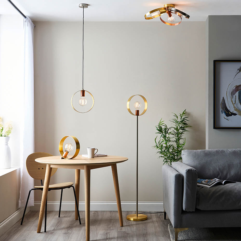 Endon Hoop Single Floor Lamp - Brushed Copper, Nickel & Brass