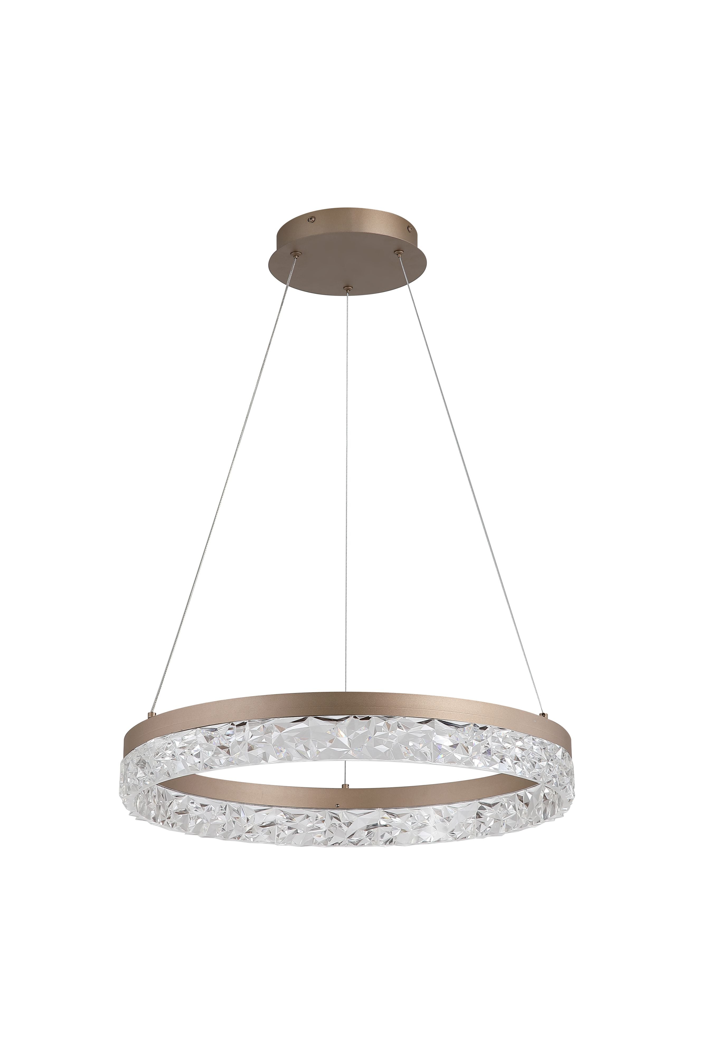 Searchlight Maddie LED round pendant in latte metal, angled view highlighting the faceted acrylic ring and ceiling rose