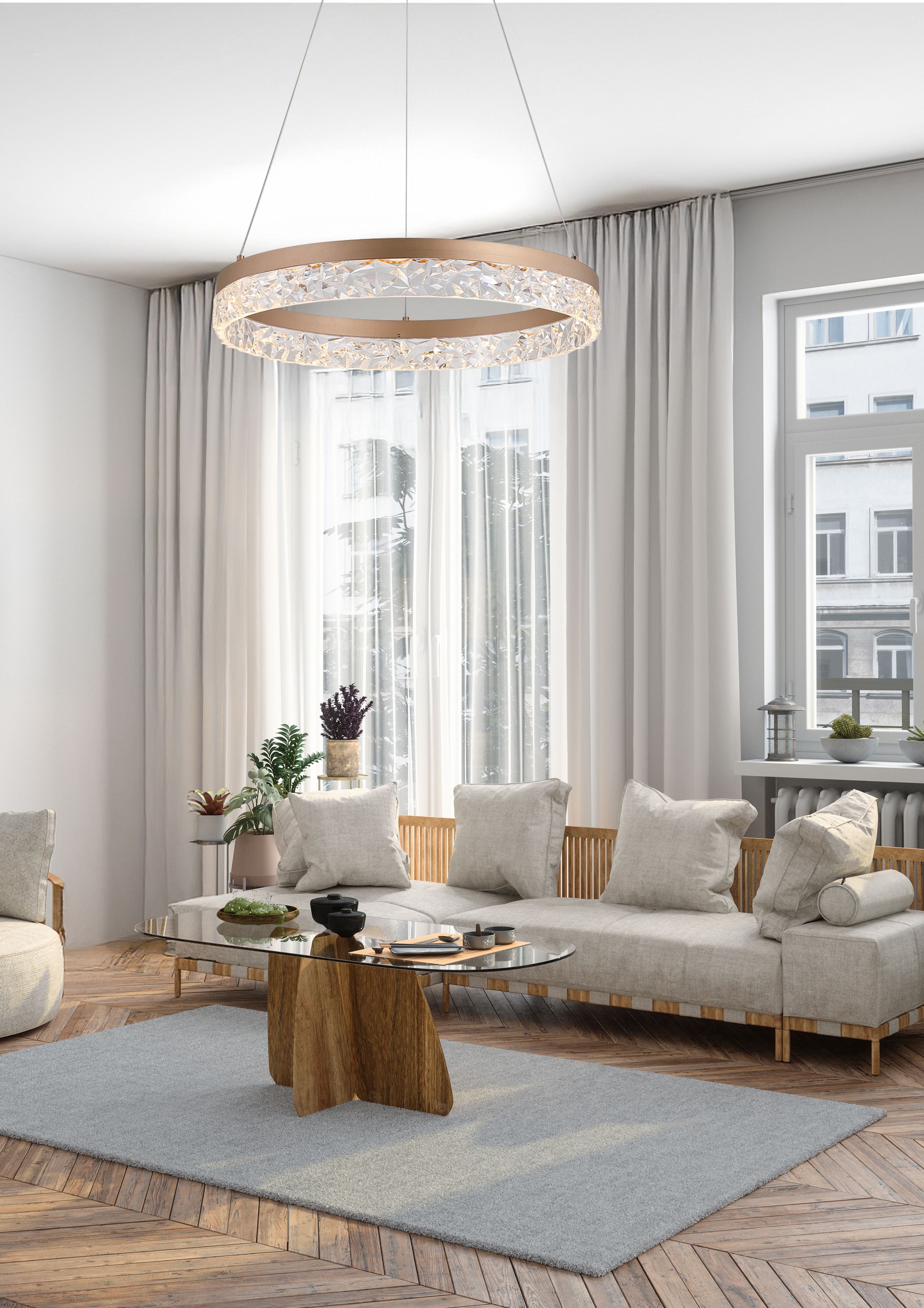 Searchlight Maddie LED round pendant styled above a coffee table in a neutral living room with sheer curtains and a wood table