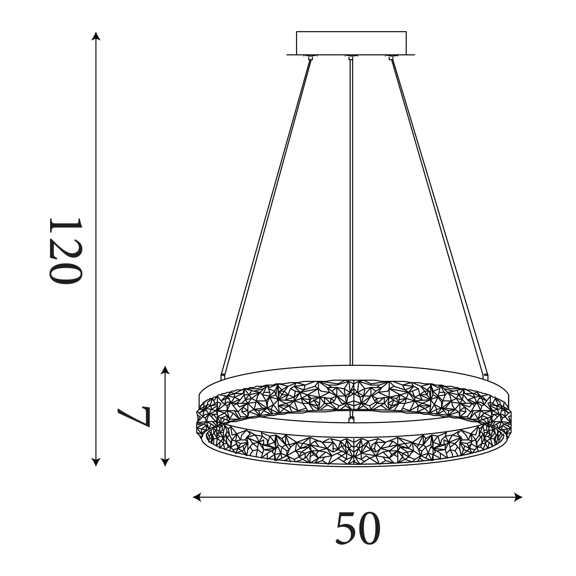 Dimension diagram of the Searchlight Maddie LED round pendant showing a 120cm drop, 50cm diameter ring and 7cm ring depth