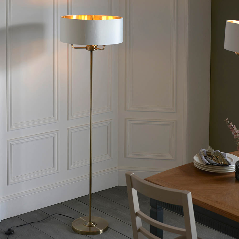 Endon Highclere 3 Light Floor Lamp - Antique Brass & Vintage White