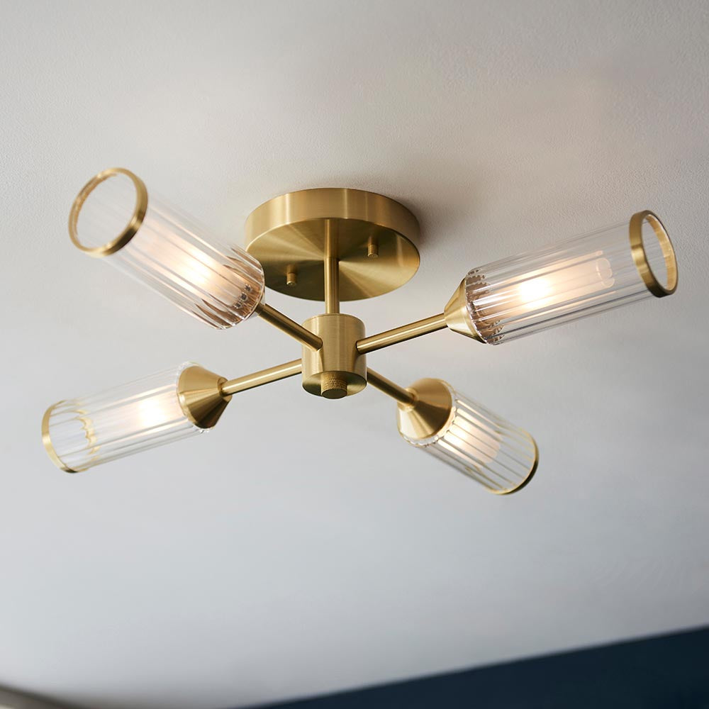 Utopia Matrix 4 Light Semi-Flush - Satin Brass Plate with Clear & Frosted Glass