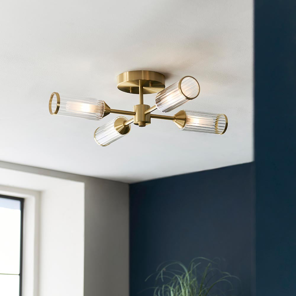Utopia Matrix 4 Light Semi-Flush - Satin Brass Plate with Clear & Frosted Glass