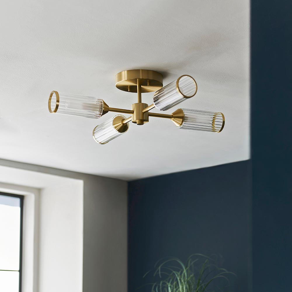 Utopia Matrix 4 Light Semi-Flush - Satin Brass Plate with Clear & Frosted Glass
