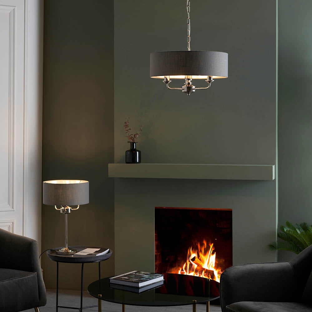 Endon Highclere 3 Light Table Lamp - Bright Nickel & Charcoal Linen