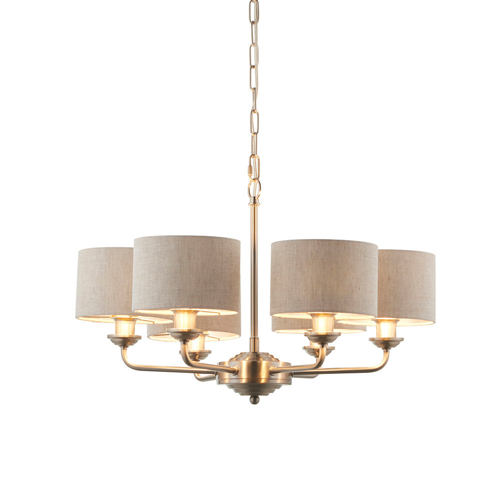Endon Highclere 6 Light Pendant - Brushed Chrome & Natural Linen