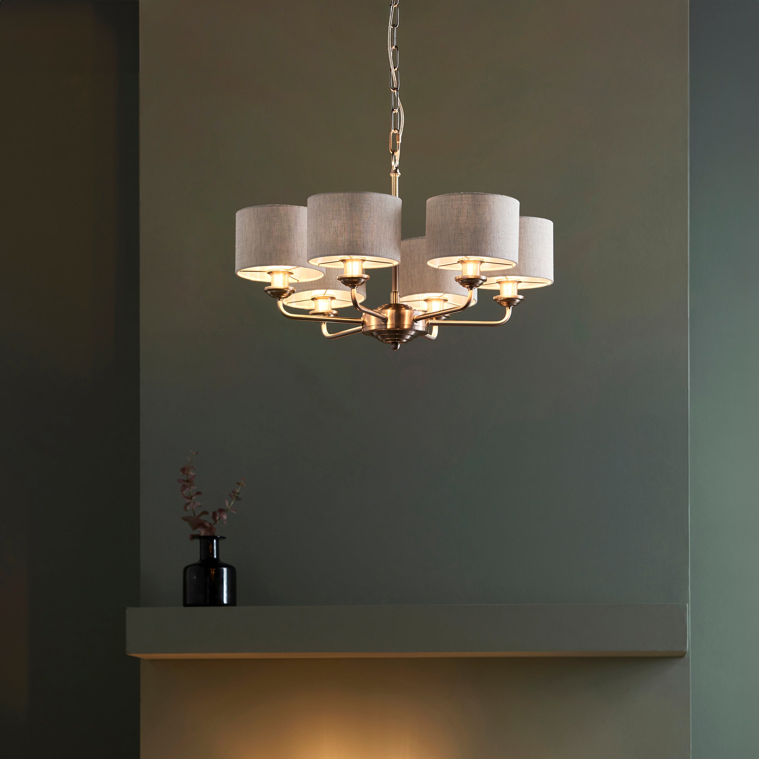 Endon Highclere 6 Light Pendant - Brushed Chrome & Natural Linen
