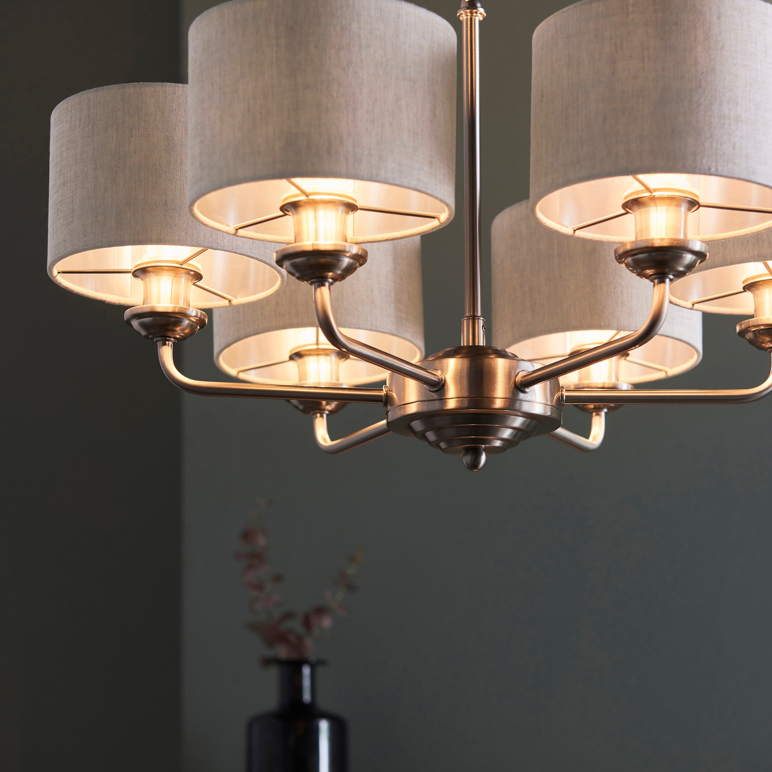 Endon Highclere 6 Light Pendant - Brushed Chrome & Natural Linen