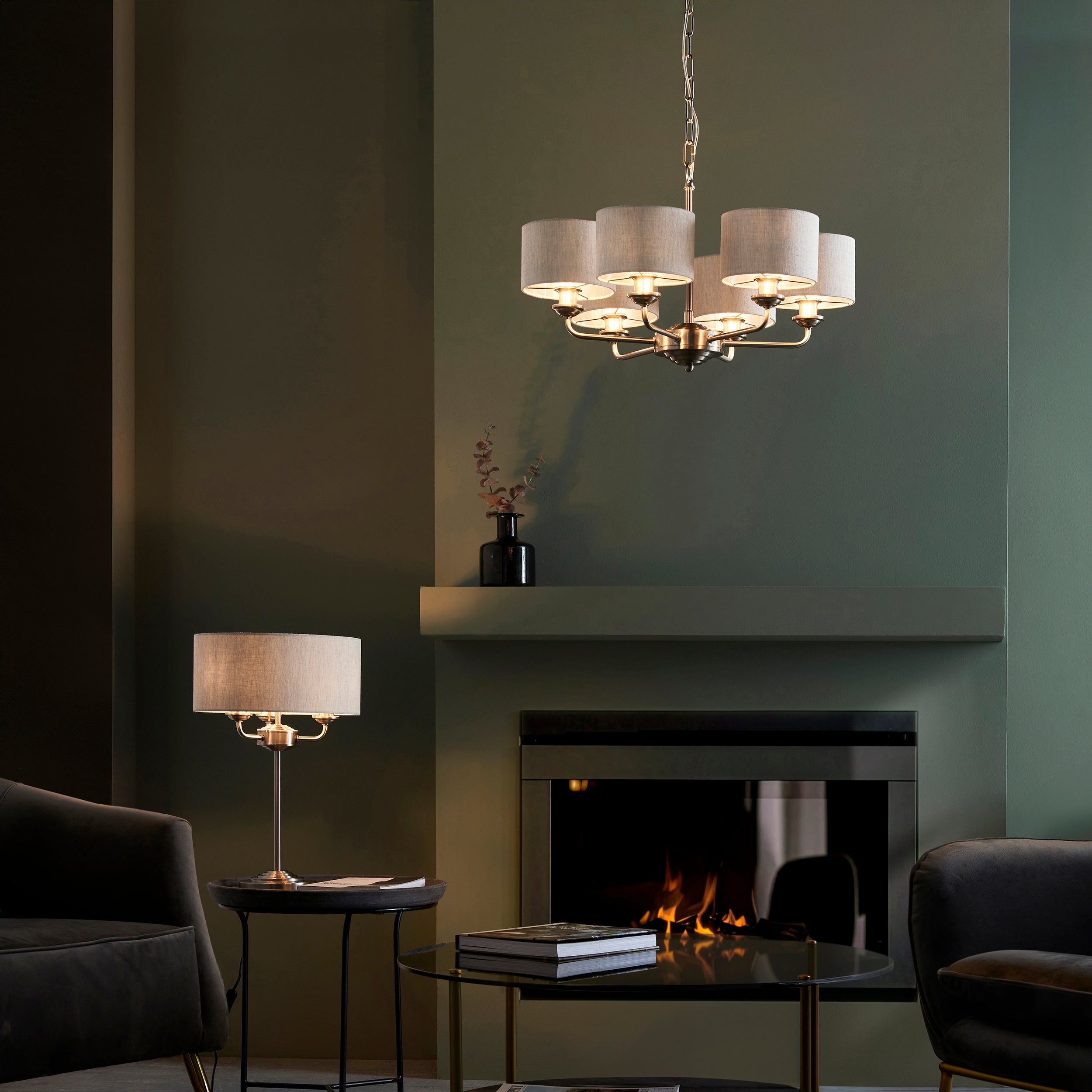 Endon Highclere 6 Light Pendant - Brushed Chrome & Natural Linen