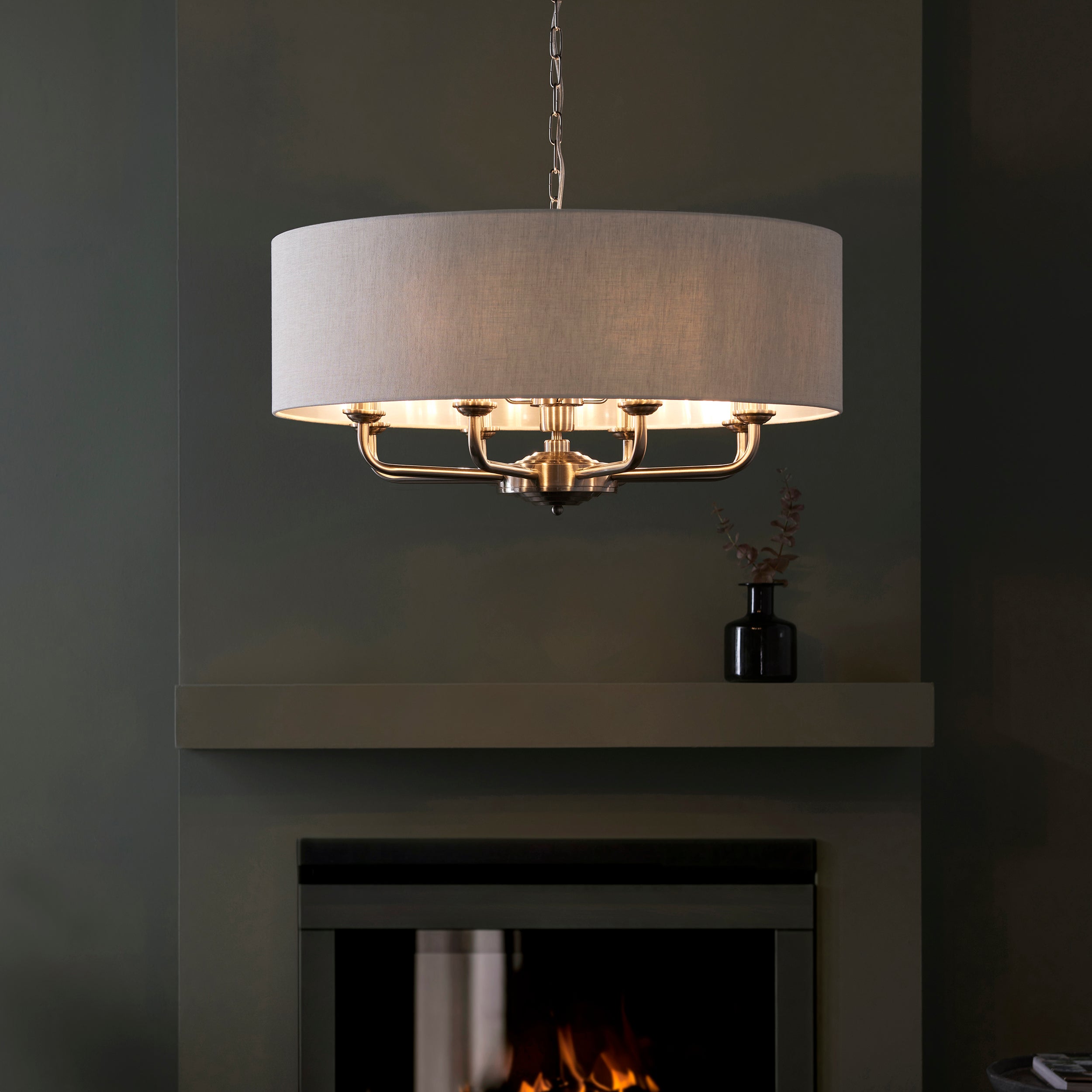 Endon Highclere 8 Light Pendant - Brushed Chrome & Natural Linen