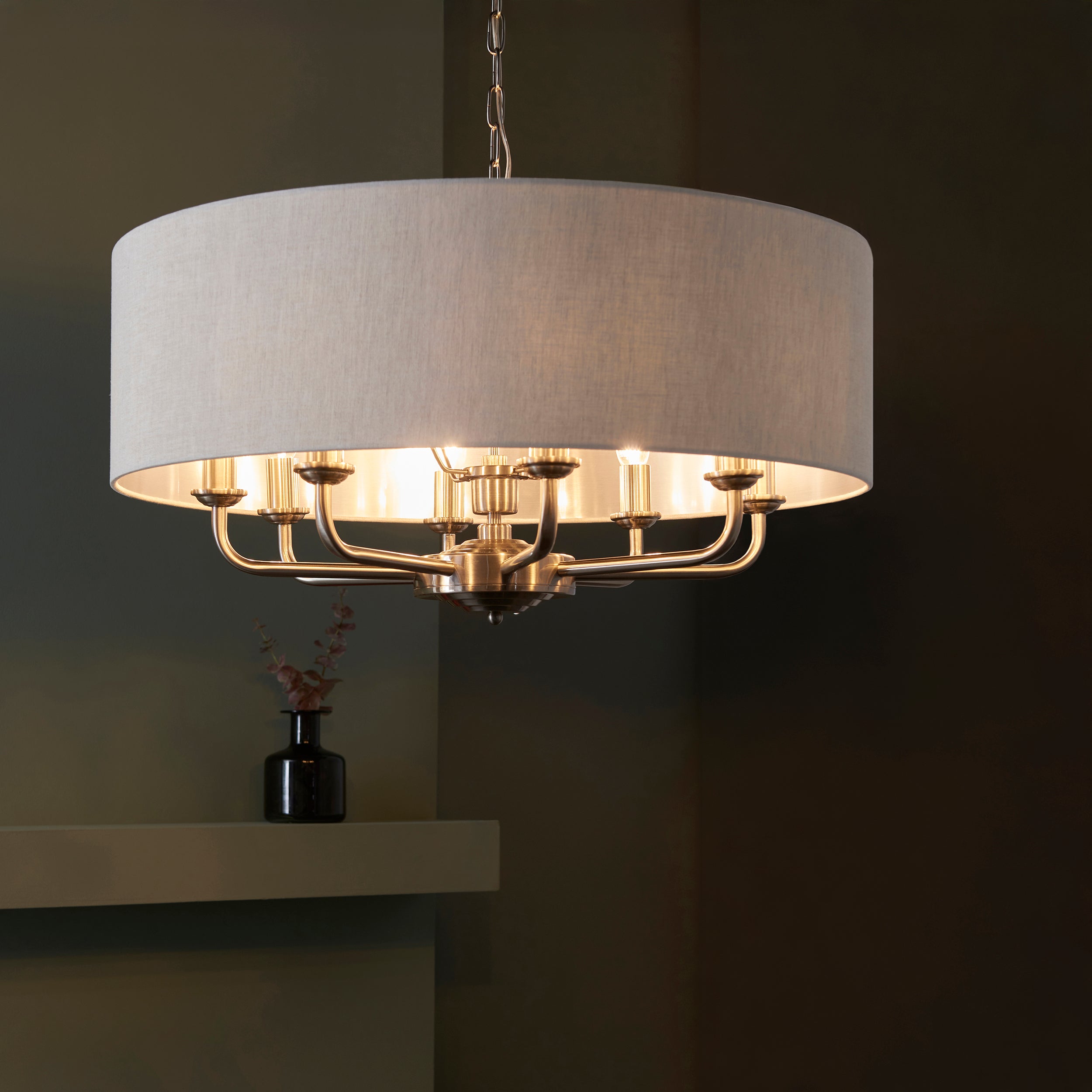 Endon Highclere 8 Light Pendant - Brushed Chrome & Natural Linen
