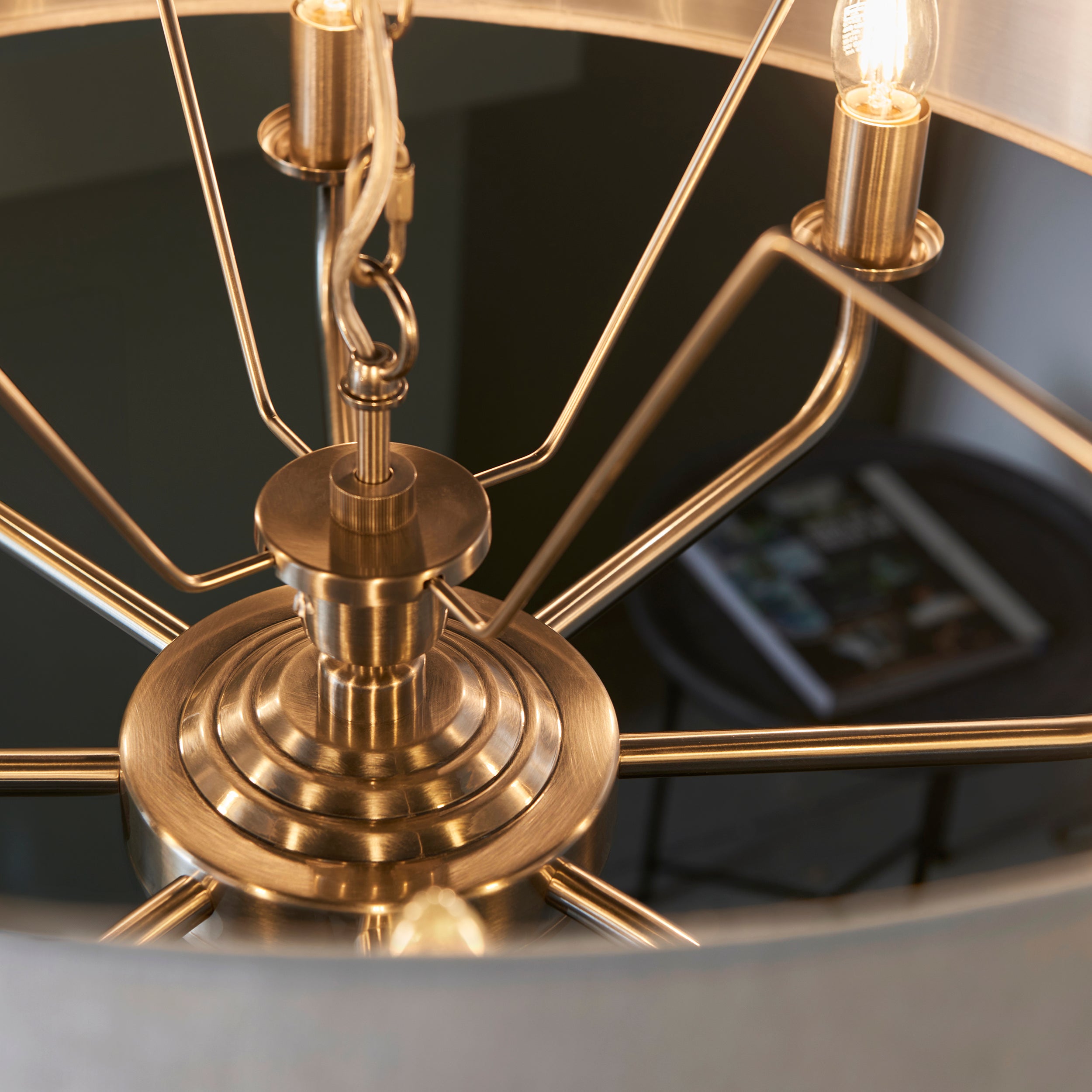 Endon Highclere 8 Light Pendant - Brushed Chrome & Natural Linen