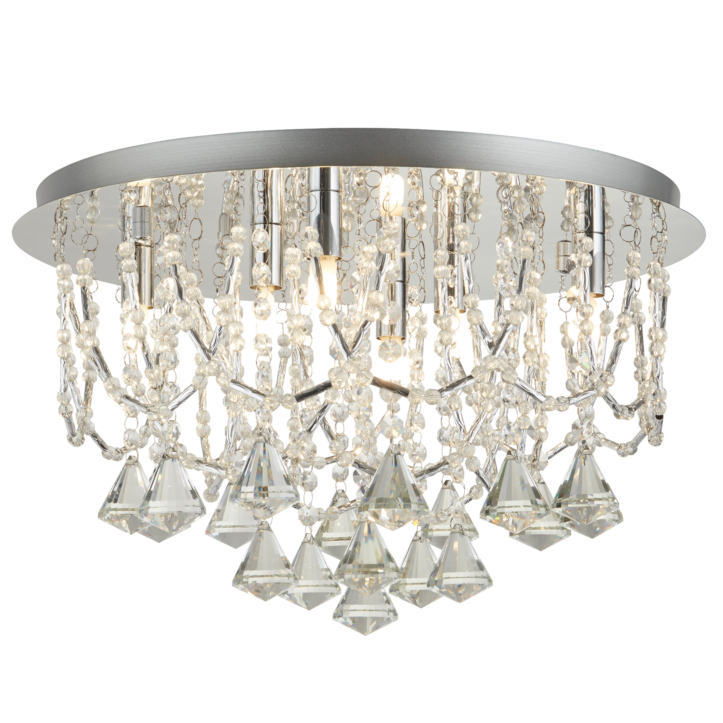Searchlight Mary 6 Light Flush - Chrome & Clear Crystal Pyramid Drops