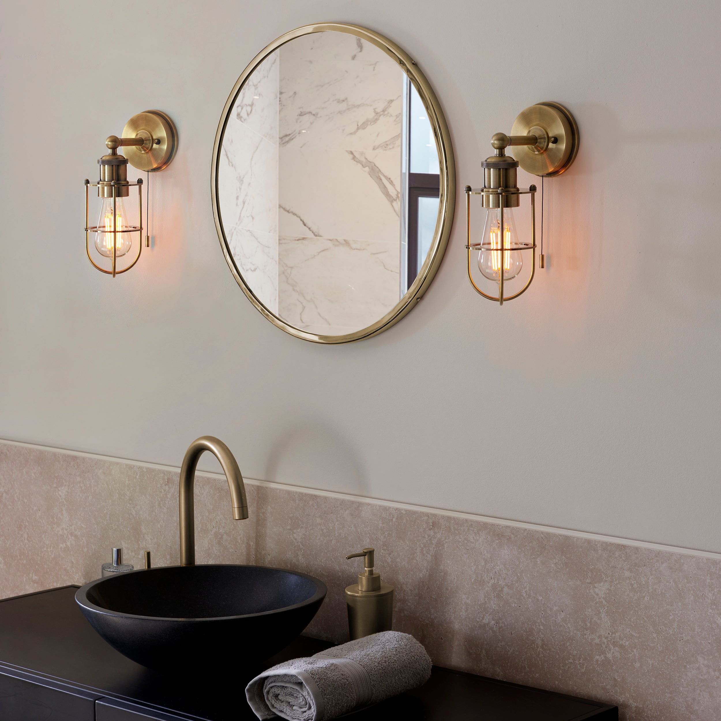 Endon Industrial Caged Single Wall Light - Antique Brass