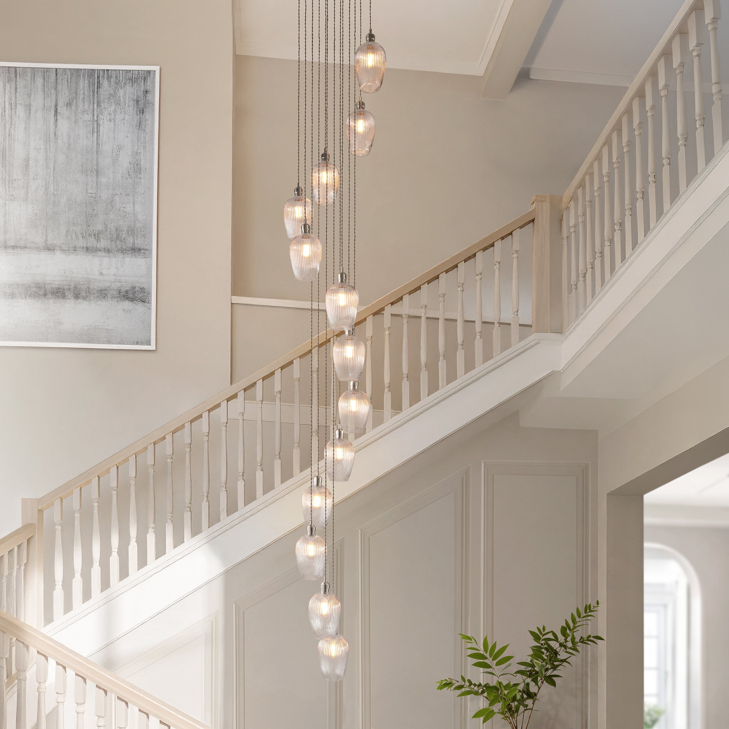 Utopia Finesse 13 Light Cascade Ceiling Pendant - Bright Nickel & Clear Ribbed Glass