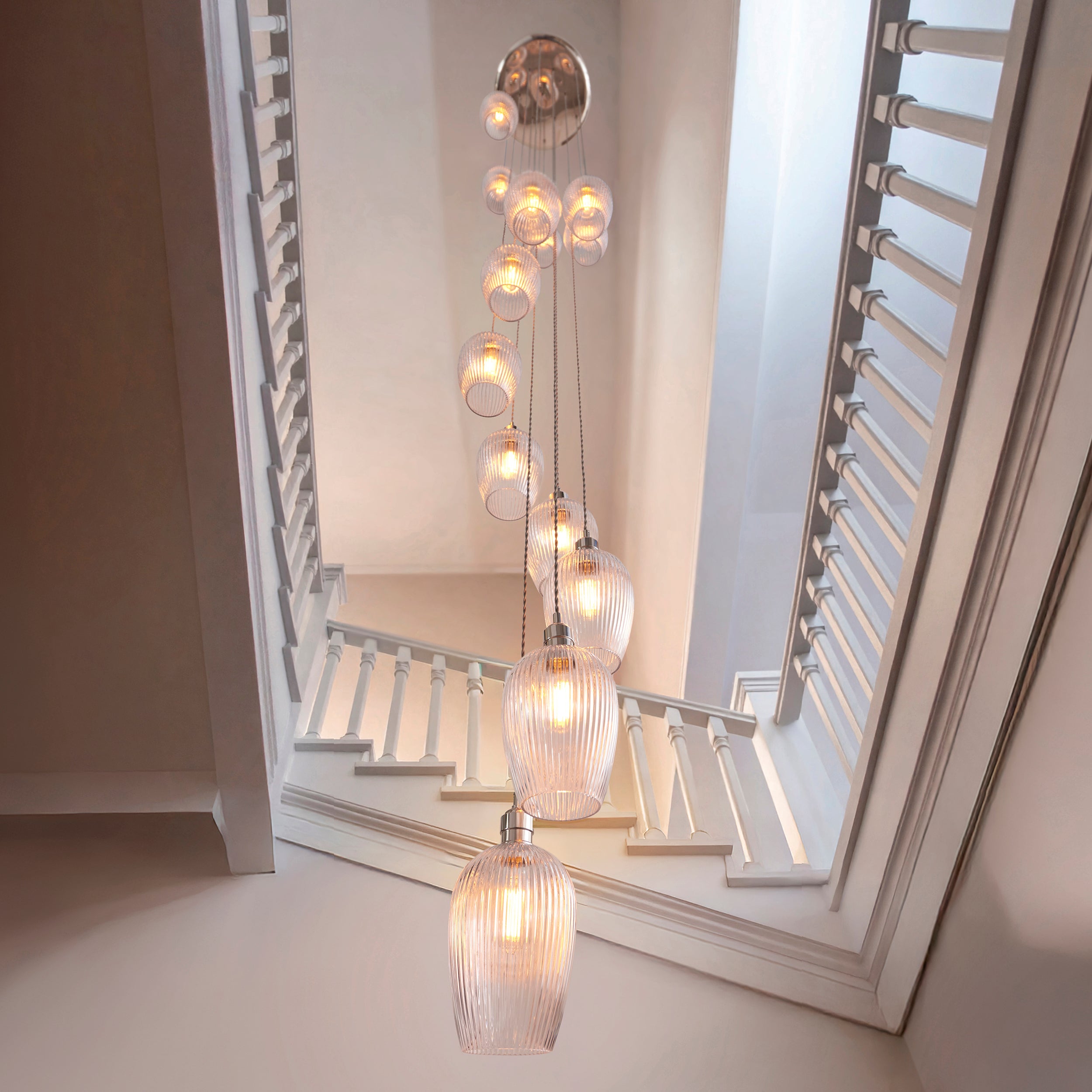 Utopia Finesse 13 Light Cascade Ceiling Pendant - Bright Nickel & Clear Ribbed Glass