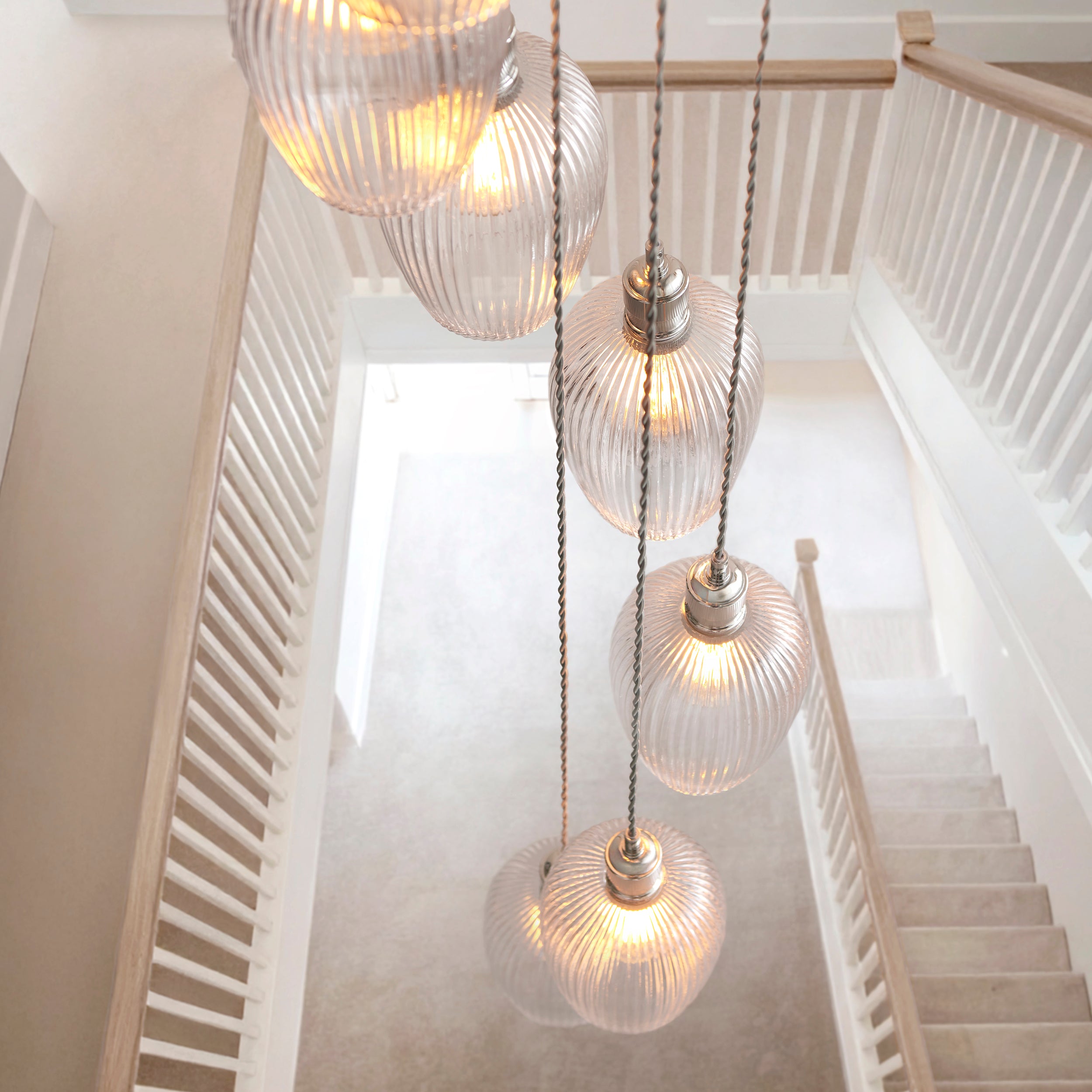 Utopia Finesse 13 Light Cascade Ceiling Pendant - Bright Nickel & Clear Ribbed Glass