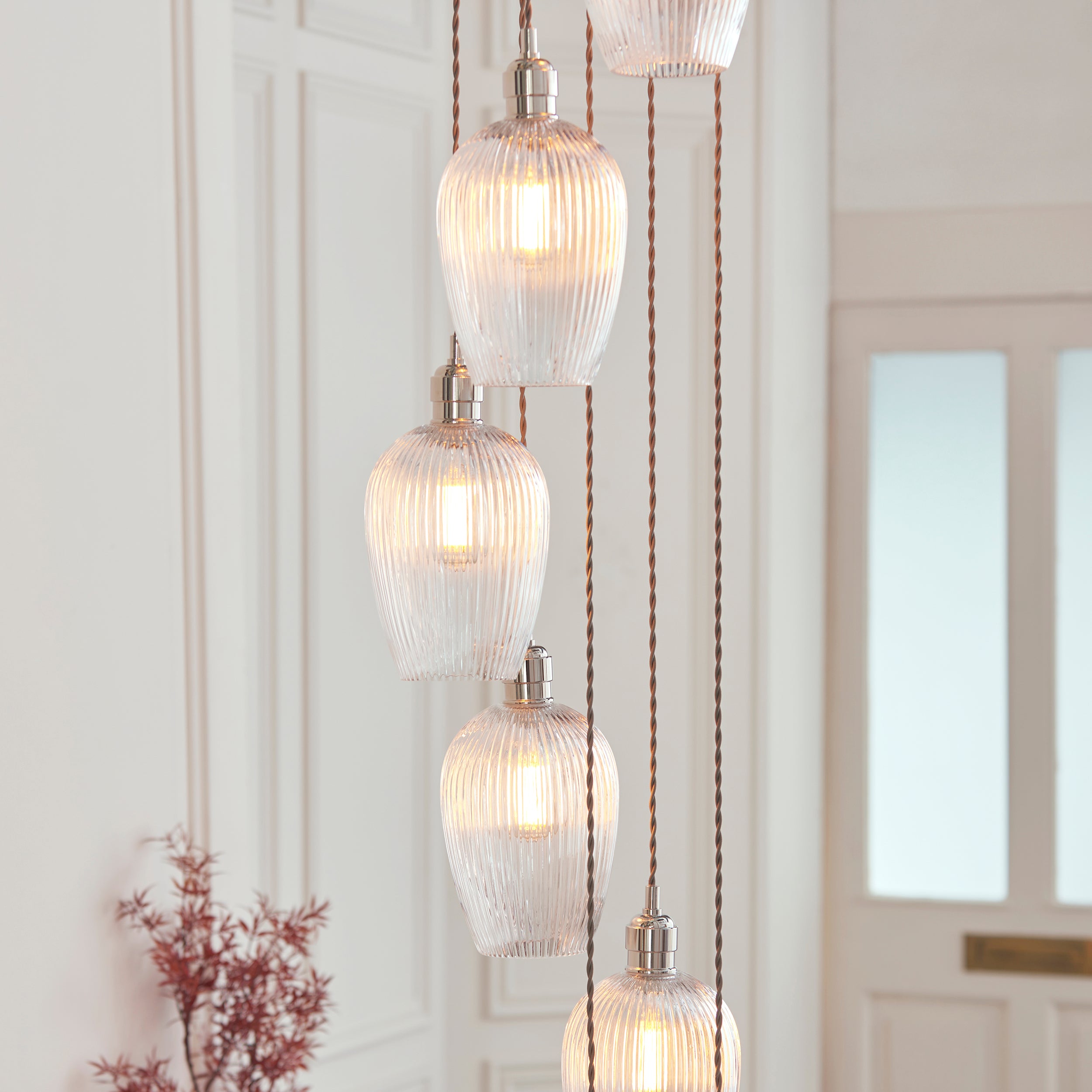 Utopia Finesse 13 Light Cascade Ceiling Pendant - Bright Nickel & Clear Ribbed Glass