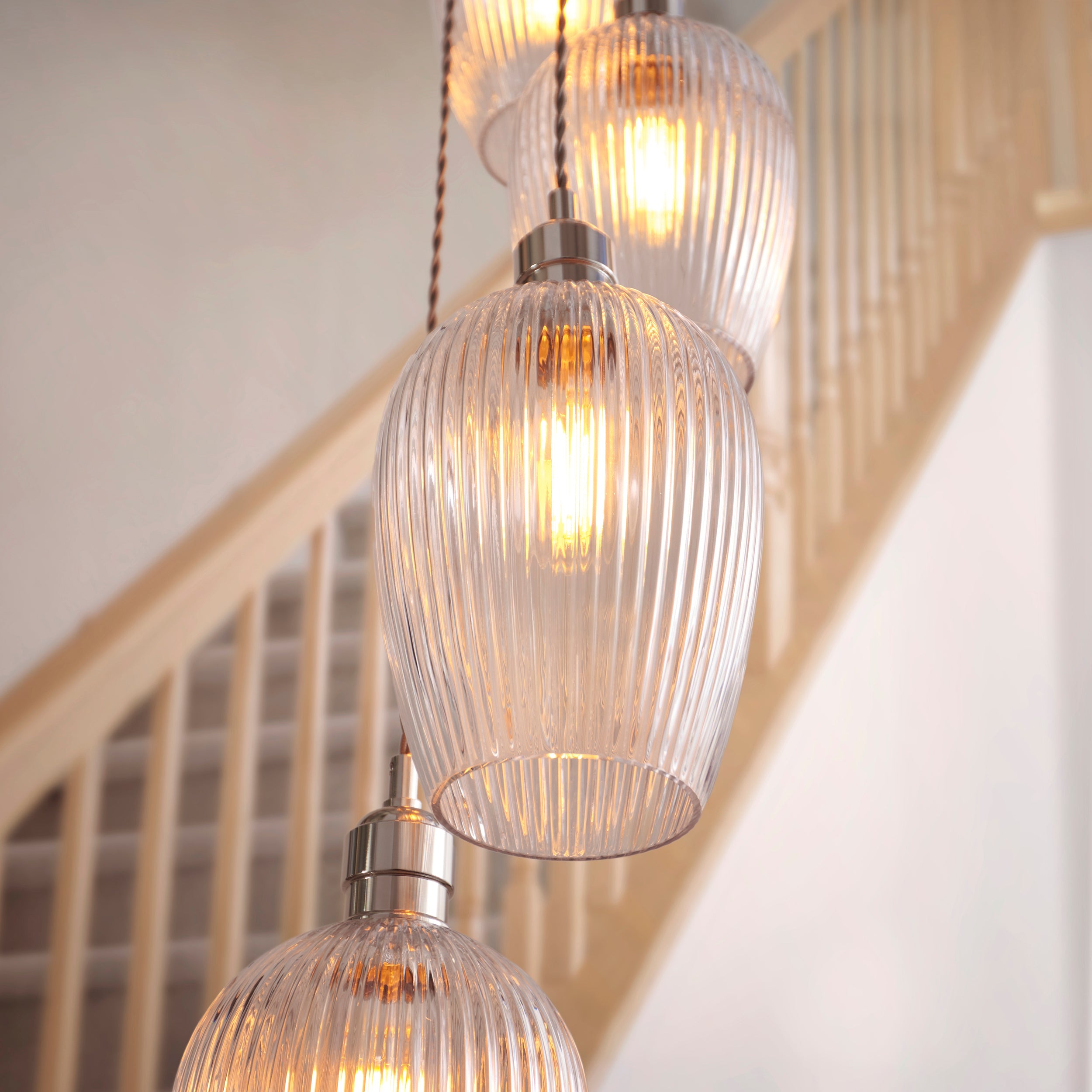Utopia Finesse 13 Light Cascade Ceiling Pendant - Bright Nickel & Clear Ribbed Glass