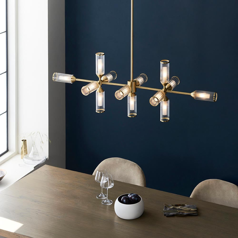Utopia Matrix 13 Light Linear Pendant - Satin Brass Plate with Clear & Frosted Glass