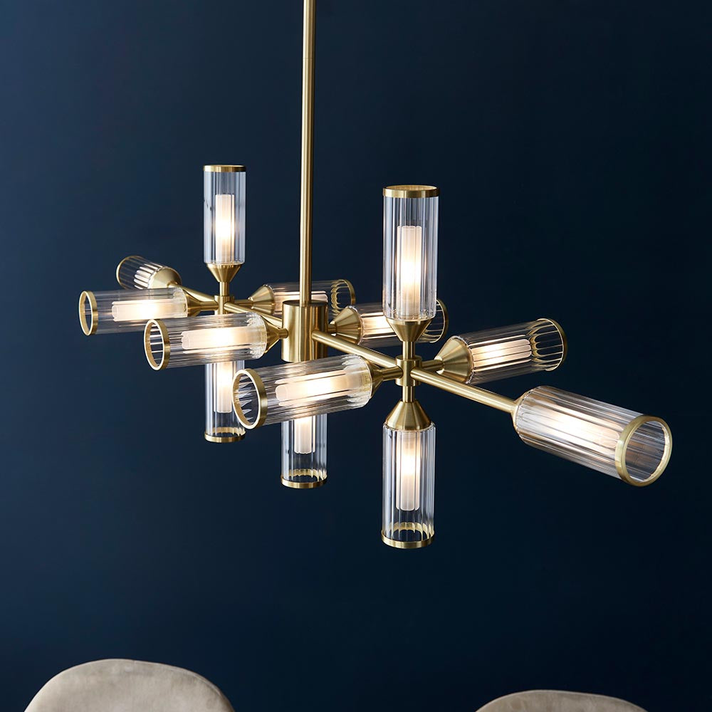 Utopia Matrix 13 Light Linear Pendant - Satin Brass Plate with Clear & Frosted Glass