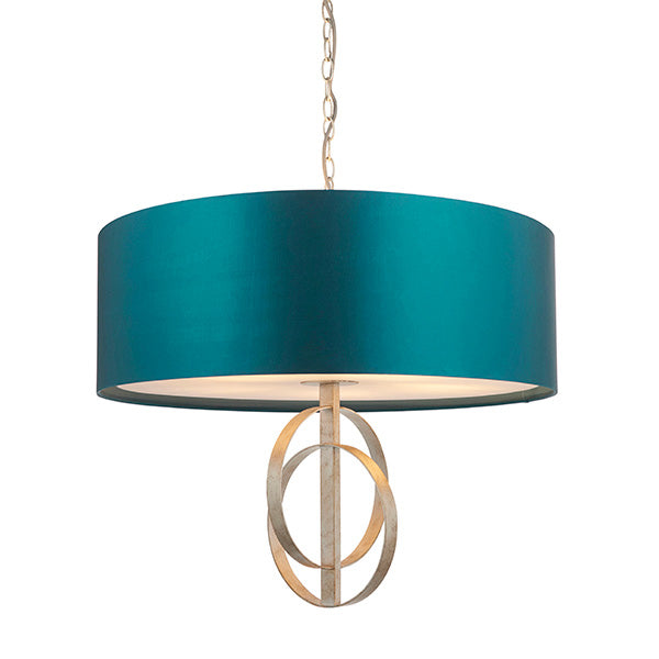 Utopia Interlink 5 Light Pendant - Antique Silver Leaf With Teal Shade - 70cm Diameter