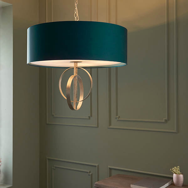 Utopia Interlink 5 Light Pendant - Antique Silver Leaf With Teal Shade - 70cm Diameter