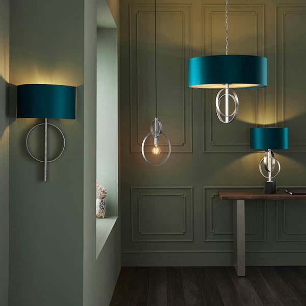 Utopia Interlink 5 Light Pendant - Antique Silver Leaf With Teal Shade - 70cm Diameter