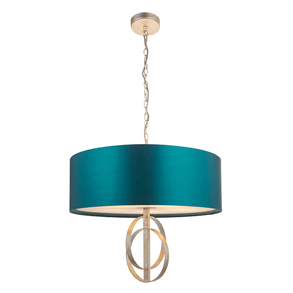 Utopia Interlink 5 Light Pendant - Antique Silver Leaf With Teal Shade - 70cm Diameter