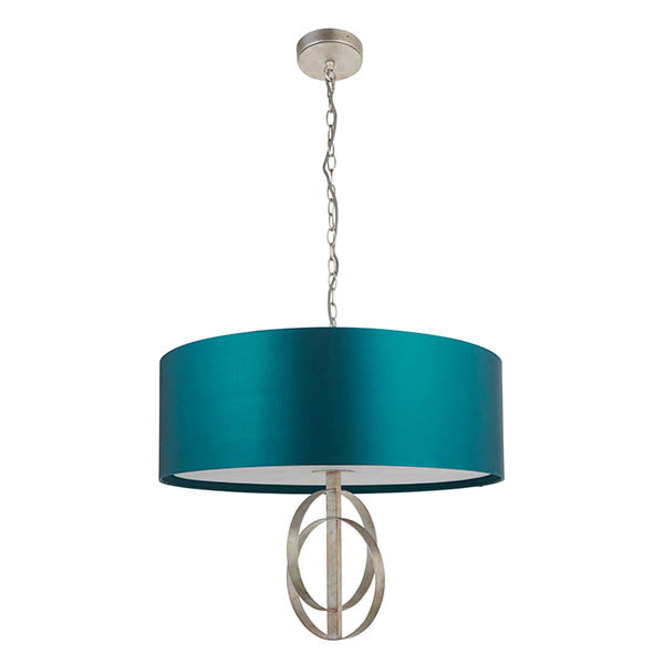 Utopia Interlink 5 Light Pendant - Antique Silver Leaf With Teal Shade - 70cm Diameter