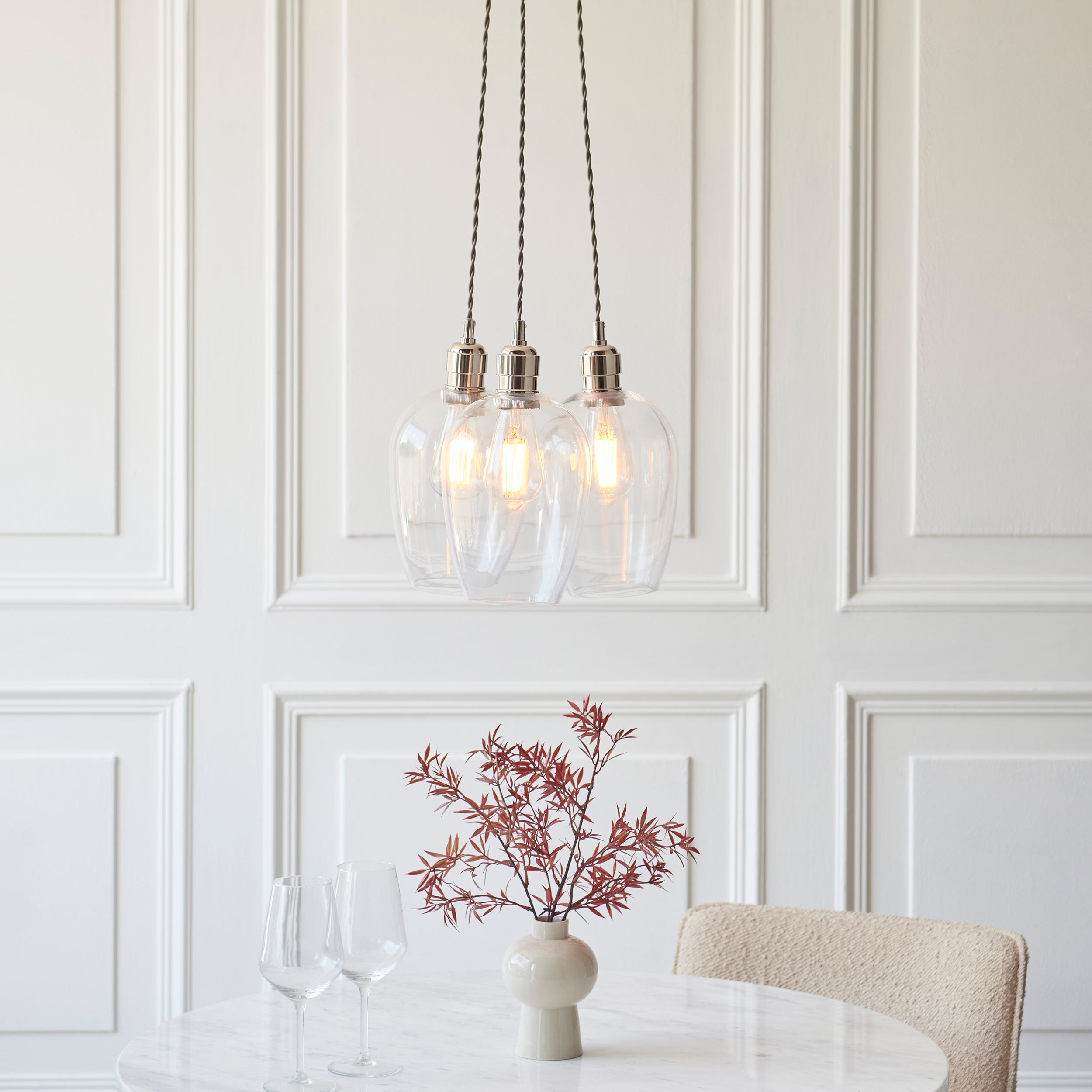 Utopia Finesse 3 Light Cluster Ceiling Pendant - Bright Nickel & Clear Glass