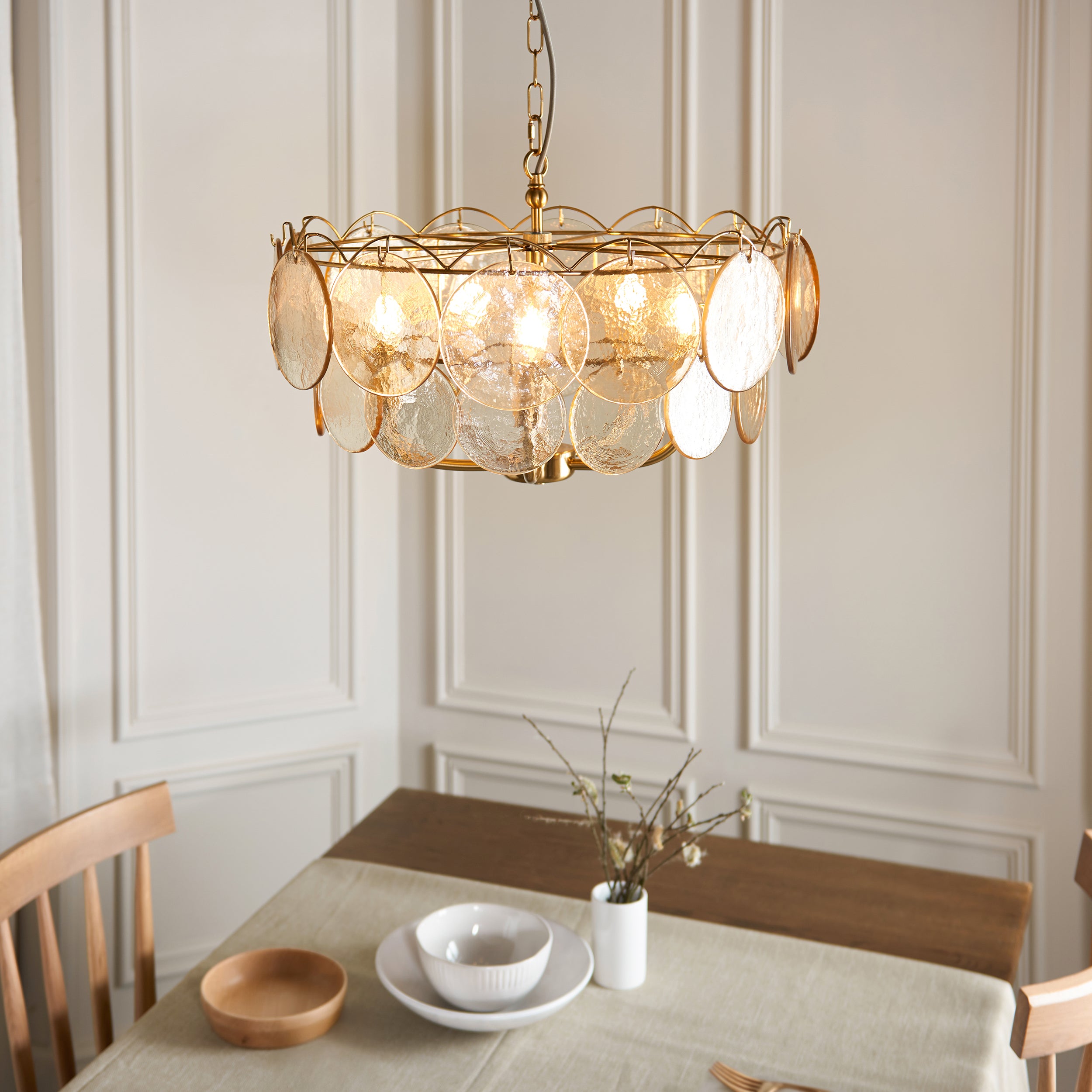 Utopia Aura 5 Light Ceiling Bendant - Brushed Aged Brass & Champagne Glass