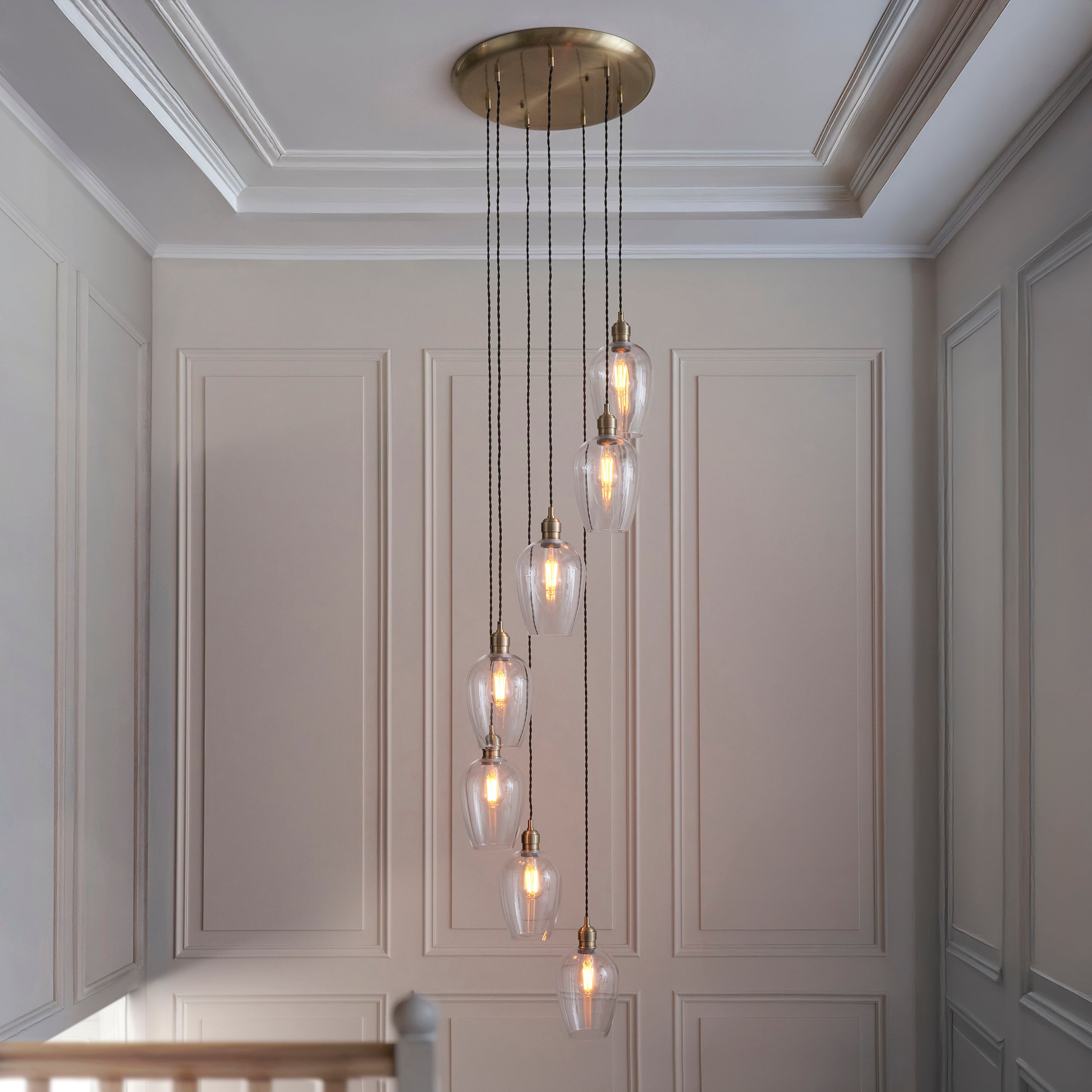 Utopia Finesse 7 Light Cascade Ceiling Pendant - Antique Brass & Clear Glass