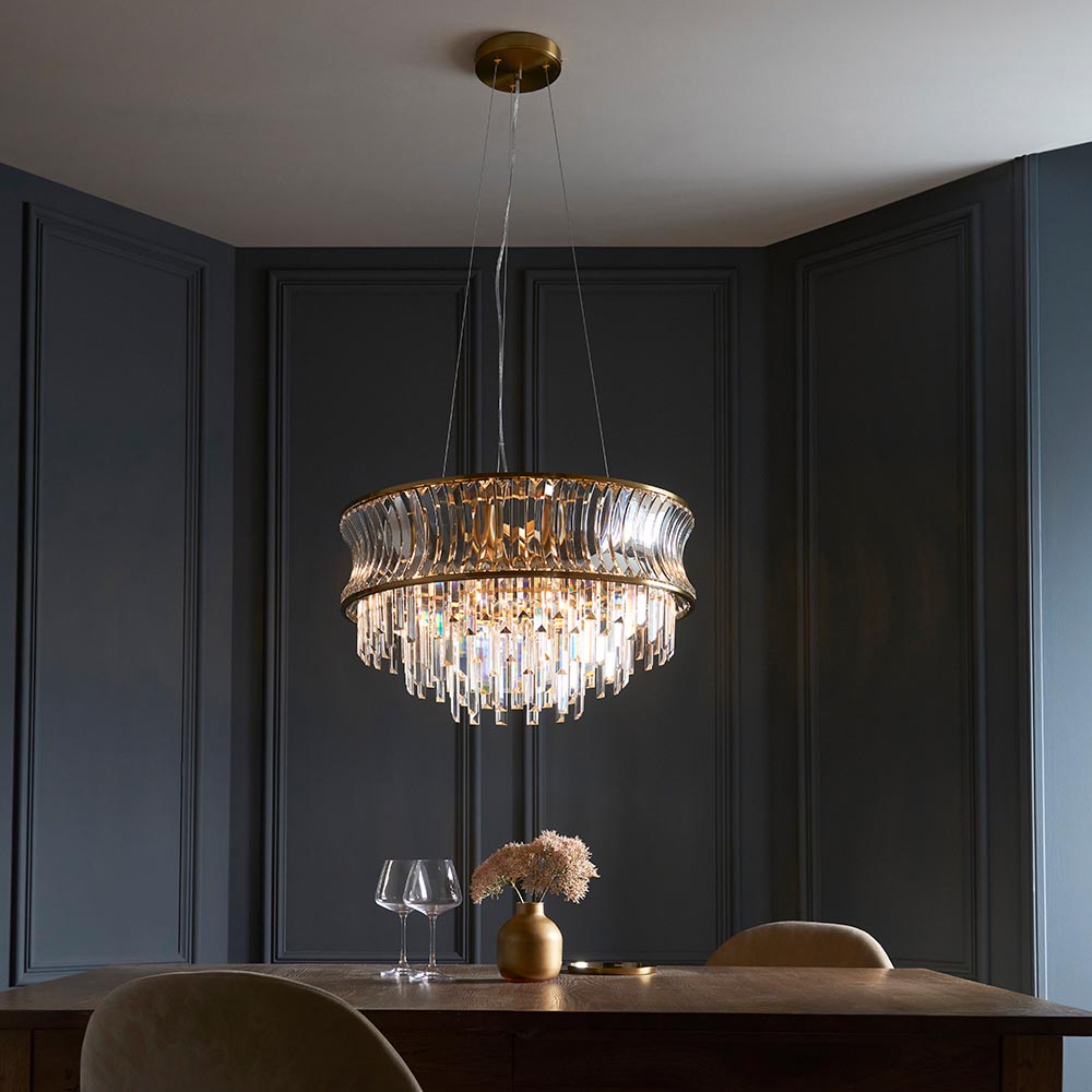 Utopia Bow 9 Light Pendant - Warm Brass Plate with Crystal & Clear Glass